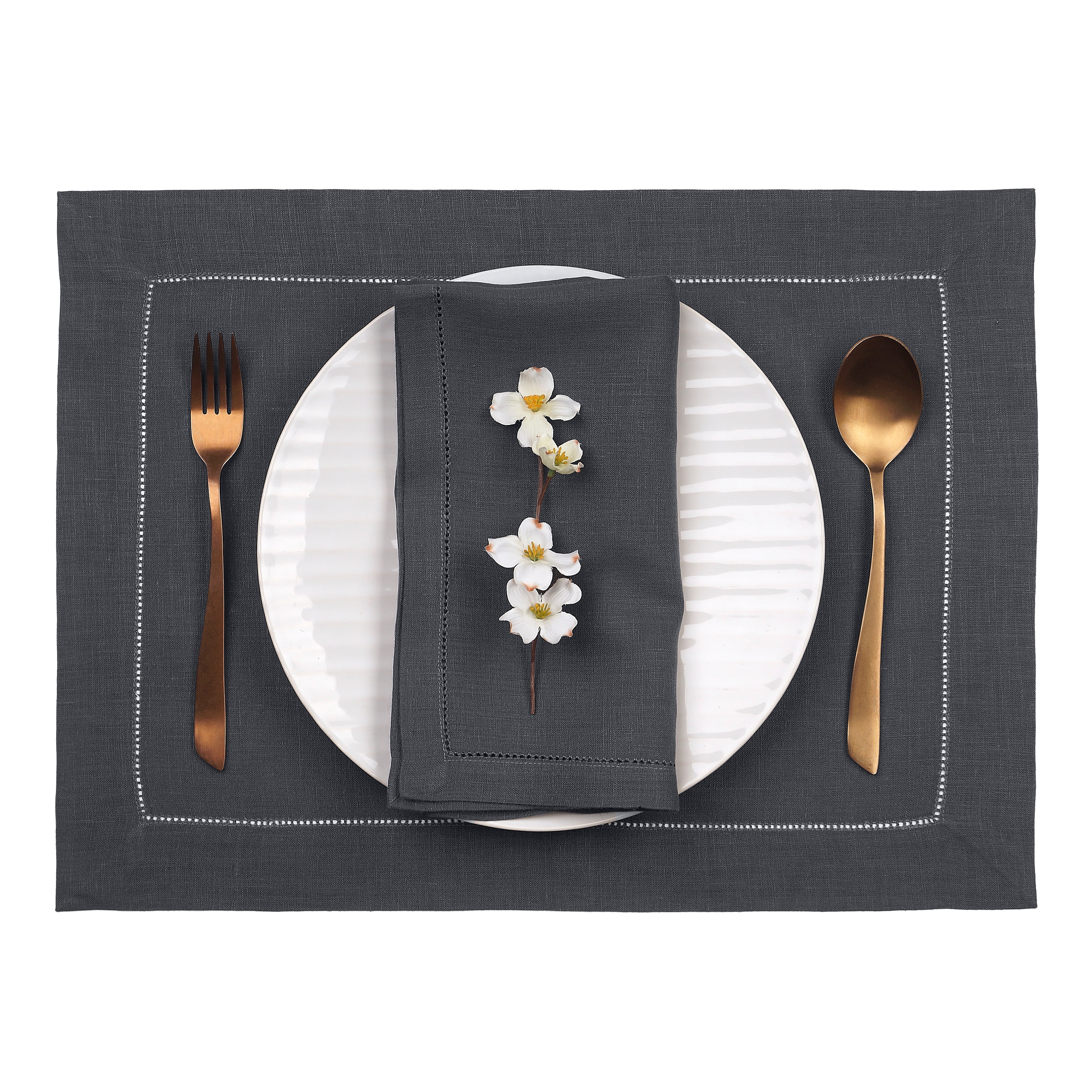 Charcoal Grey Linen Placemats, Hemstitch, 14 x 19 inch, 4 pcs