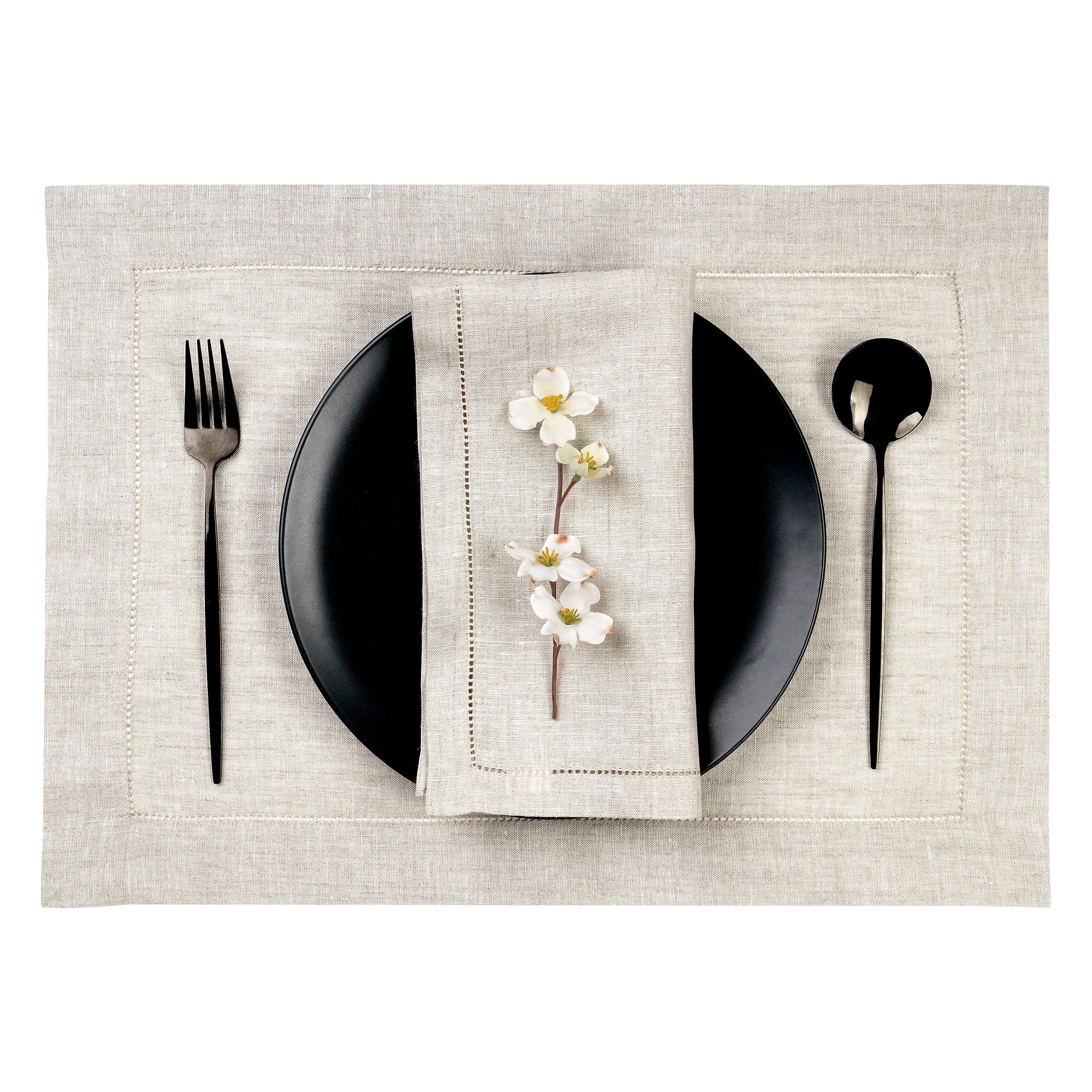 Light Natural Linen Placemats, Hemstitch, 14 x 19 inch, 4 pcs