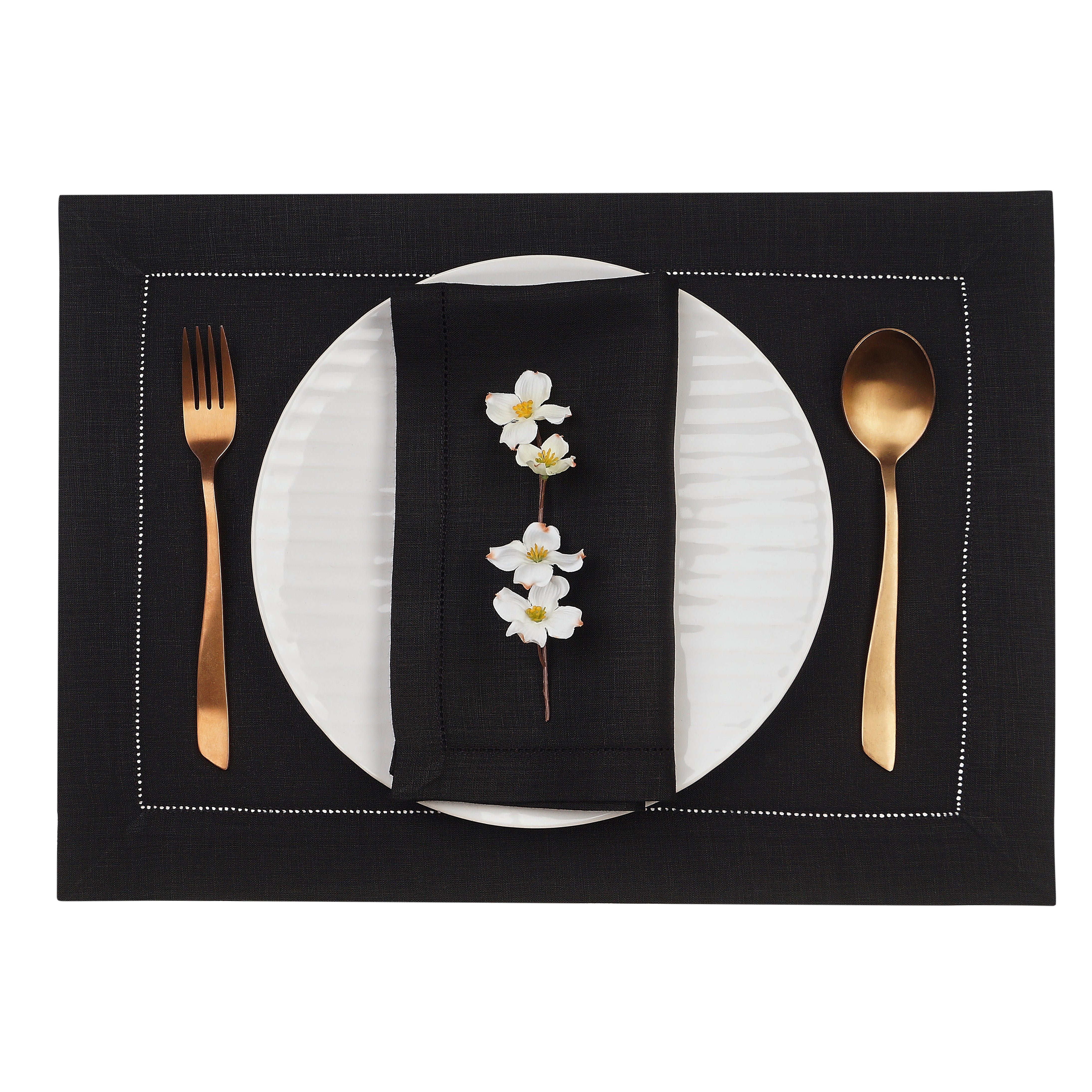 Black Linen Placemats, Hemstitch, 14 x 19 inch, 4 pcs