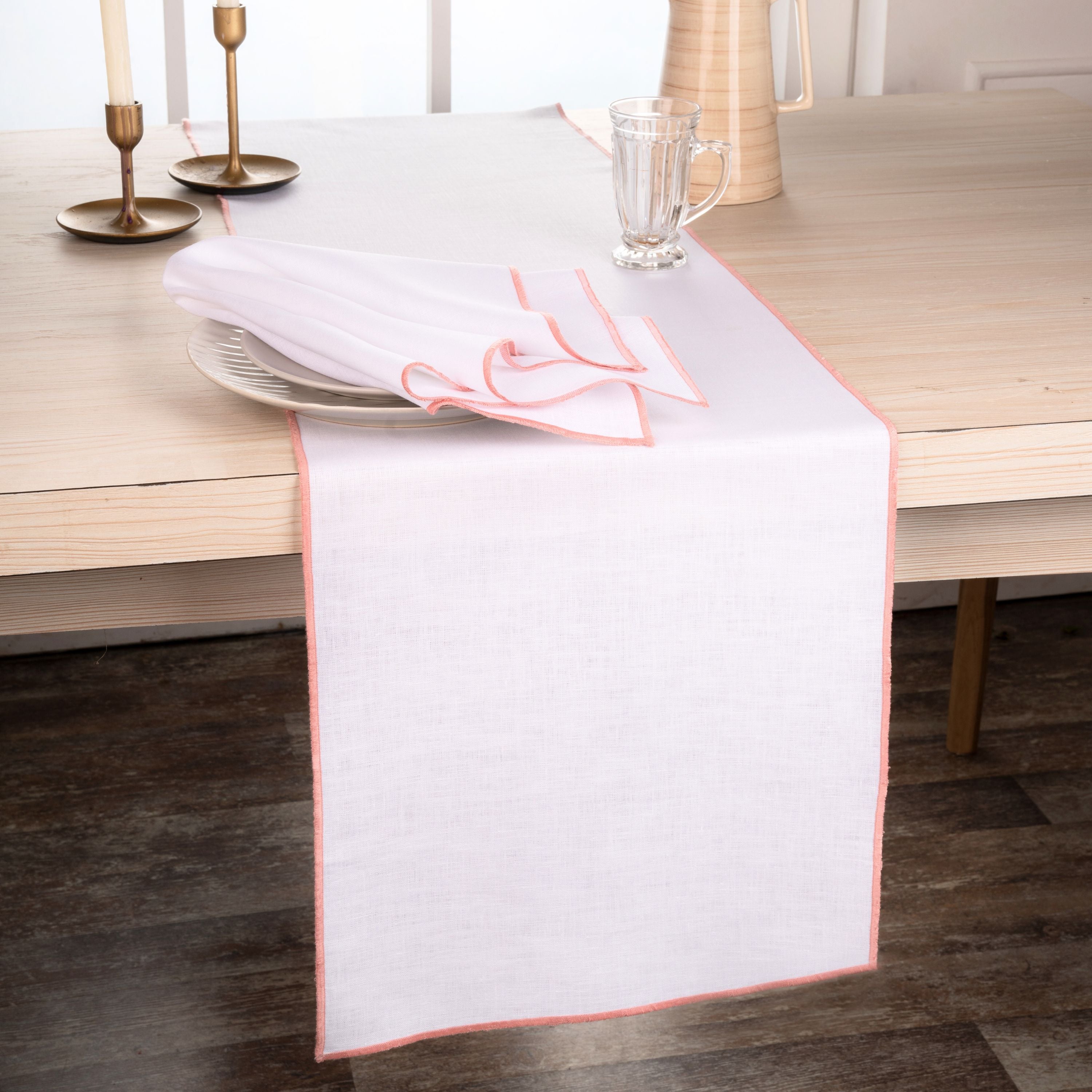 White and Dusty Pink Linen Table Runner, Marrow Edge