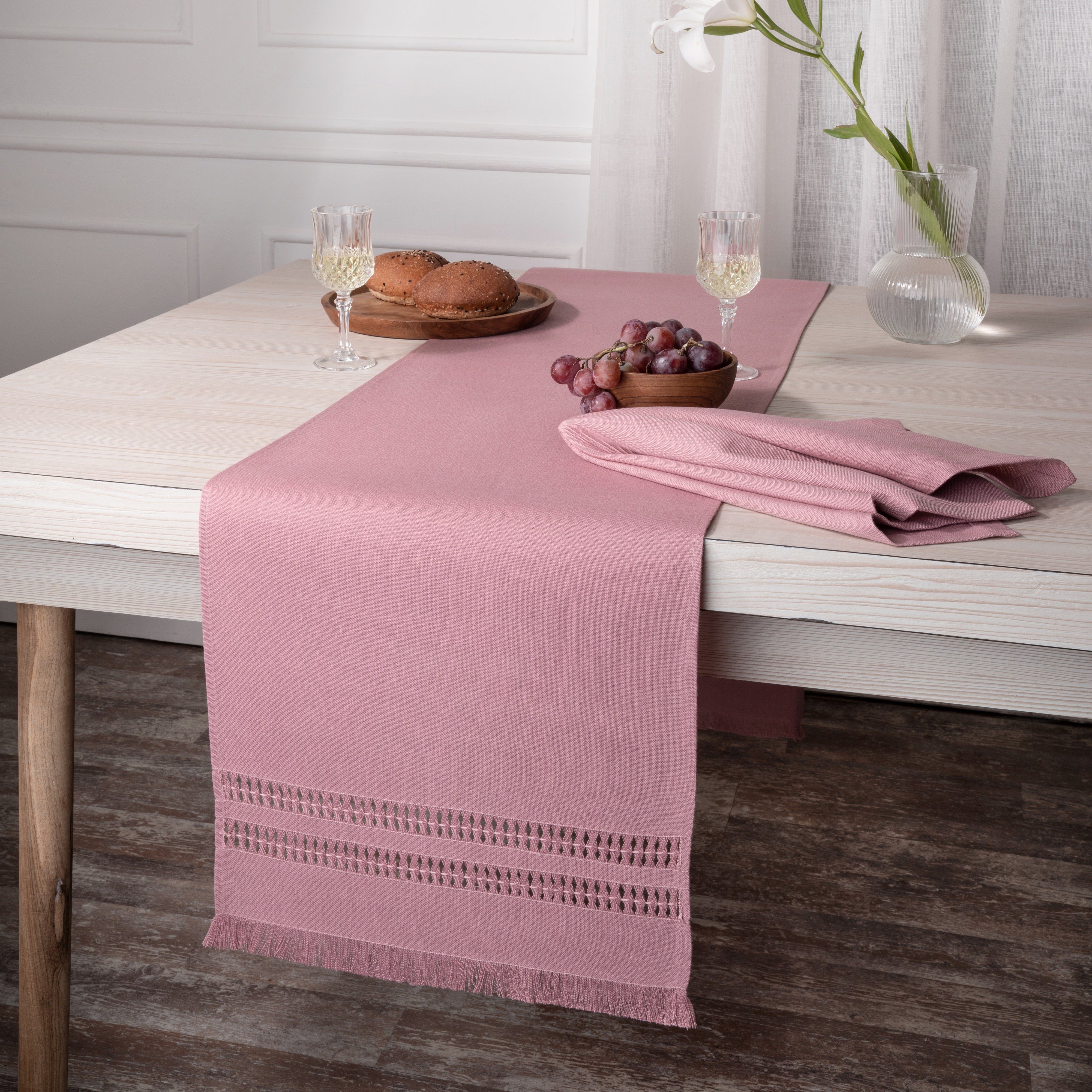 Dusty Pink Table Runner, Faux Linen, Hand Hemstitch