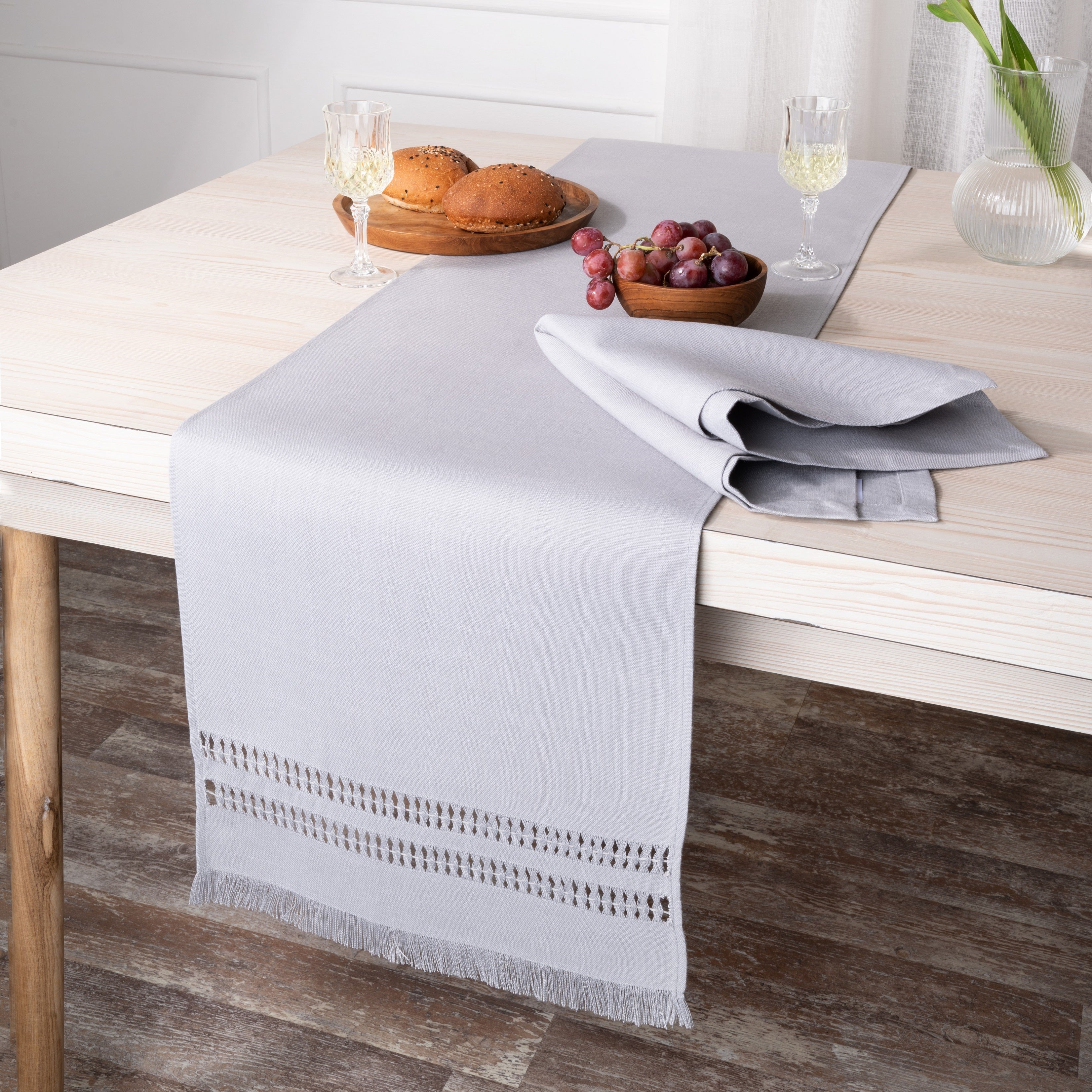 Light Grey Table Runner, Faux Linen, Hand Hemstitch