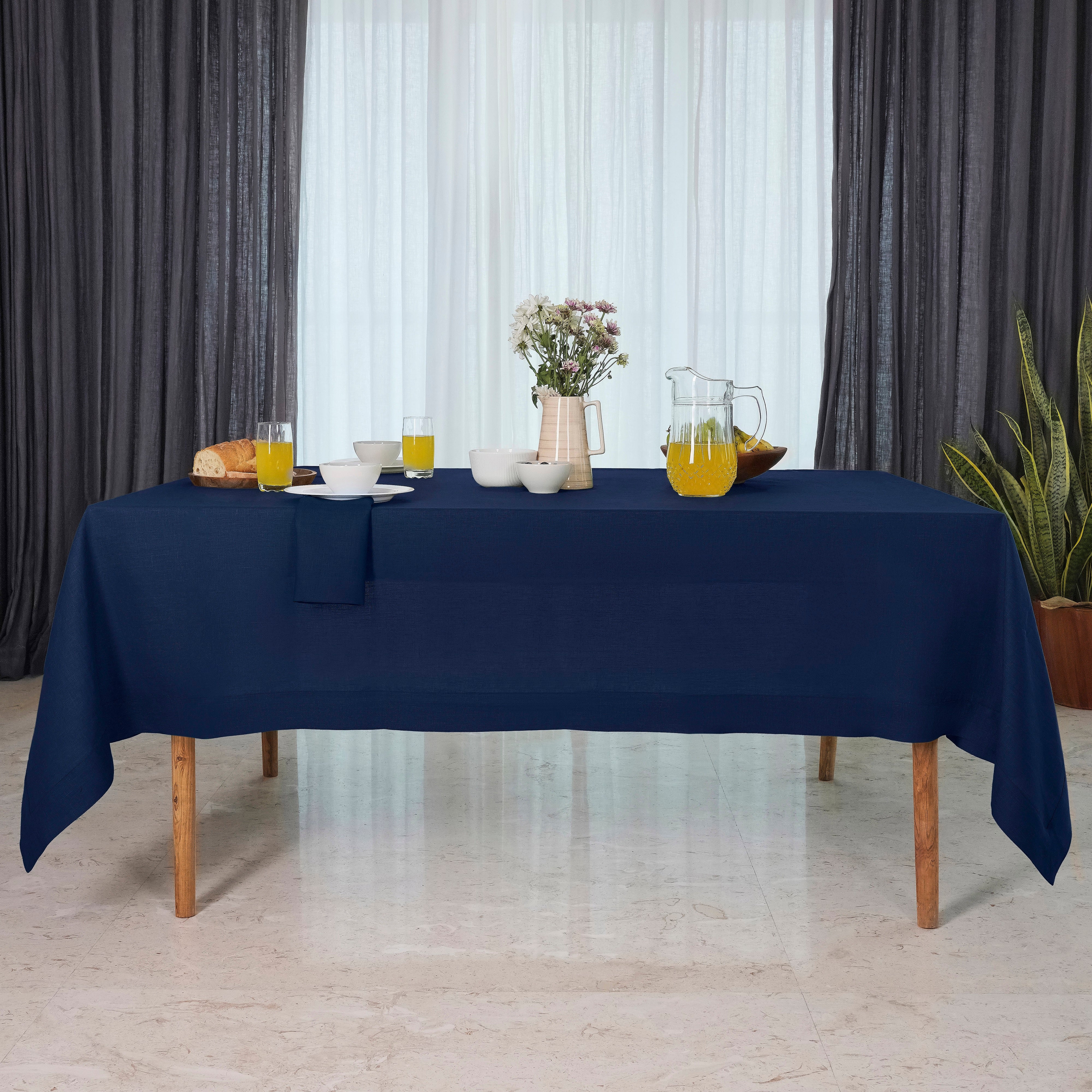 Navy Blue Linen Tablecloth, Hemmed