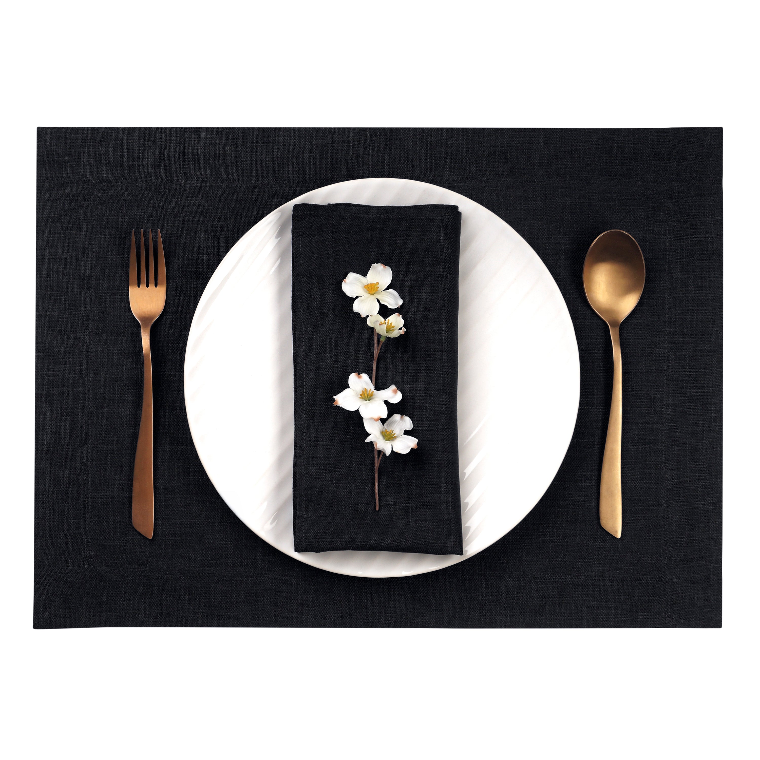 Black Linen Placemats, Hemmed, 14 x 19 inch, 4 pcs