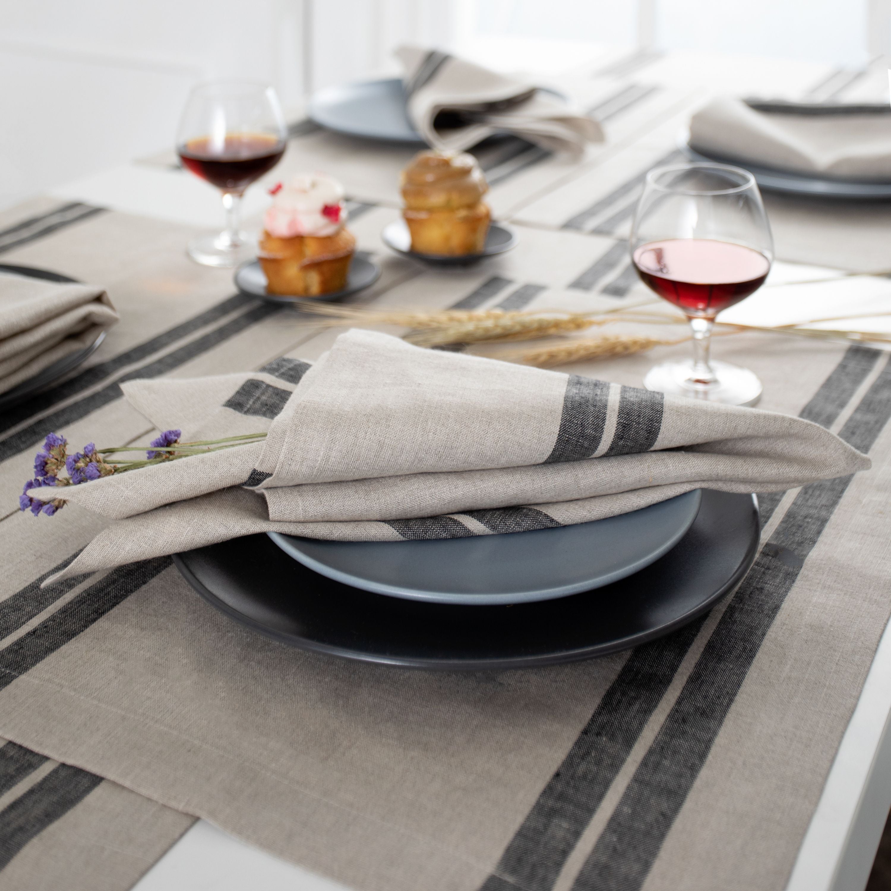 Natural and Black Linen Placemats, French Stripe, 14 x 19 inch, 4 pcs