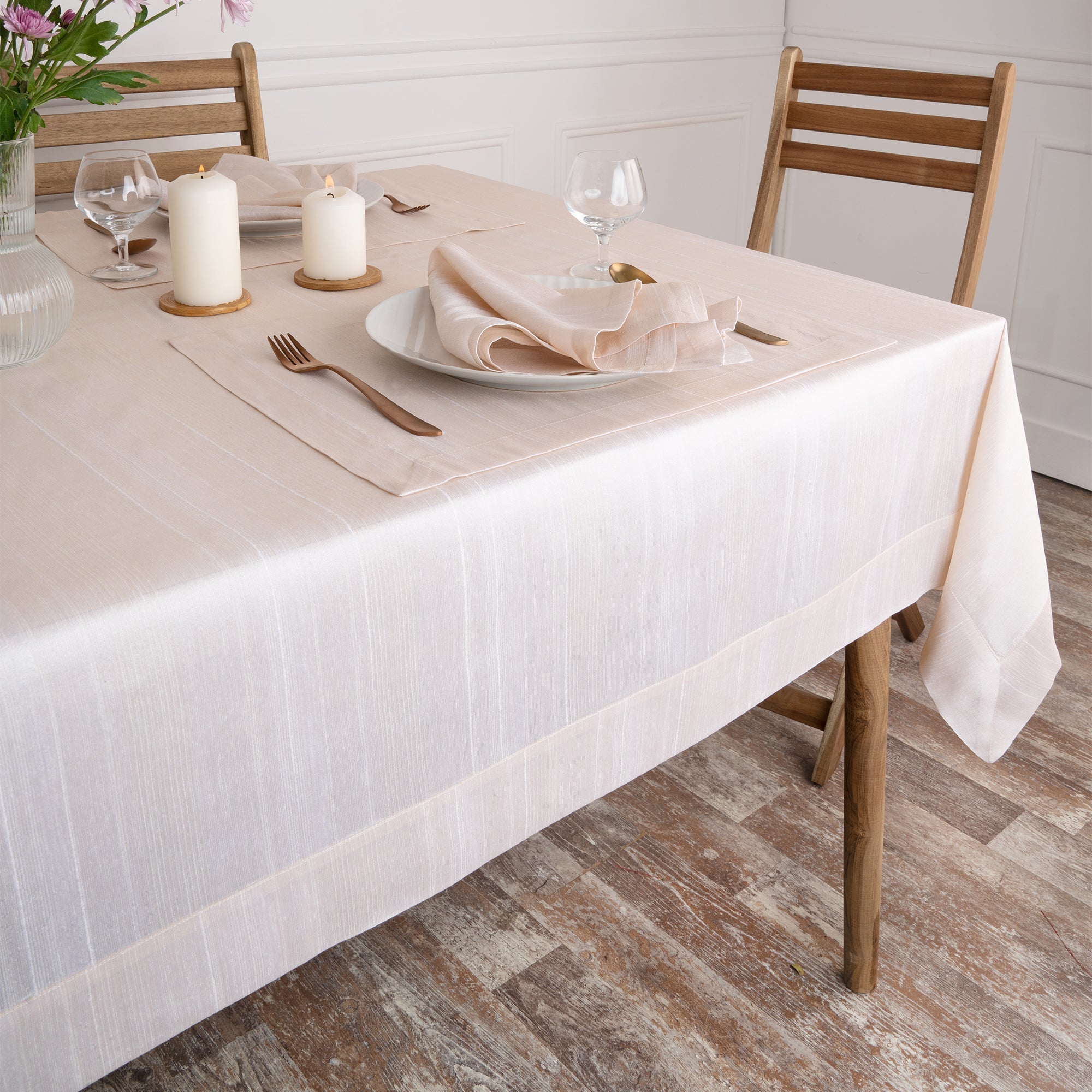 Light Natural Vegan Silk Tablecloth, Mitered Corner