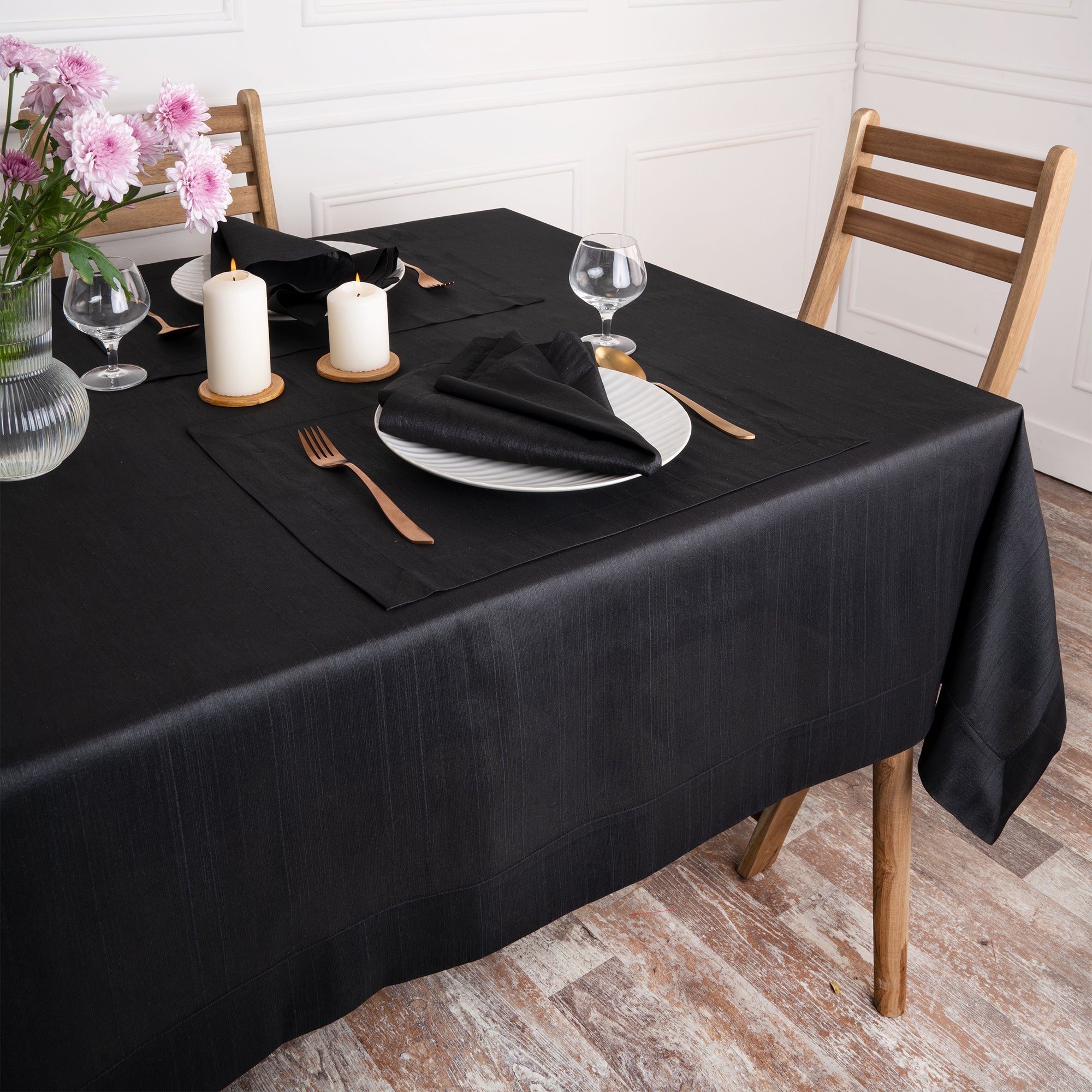 Black Vegan Silk Tablecloth, Mitered Corner