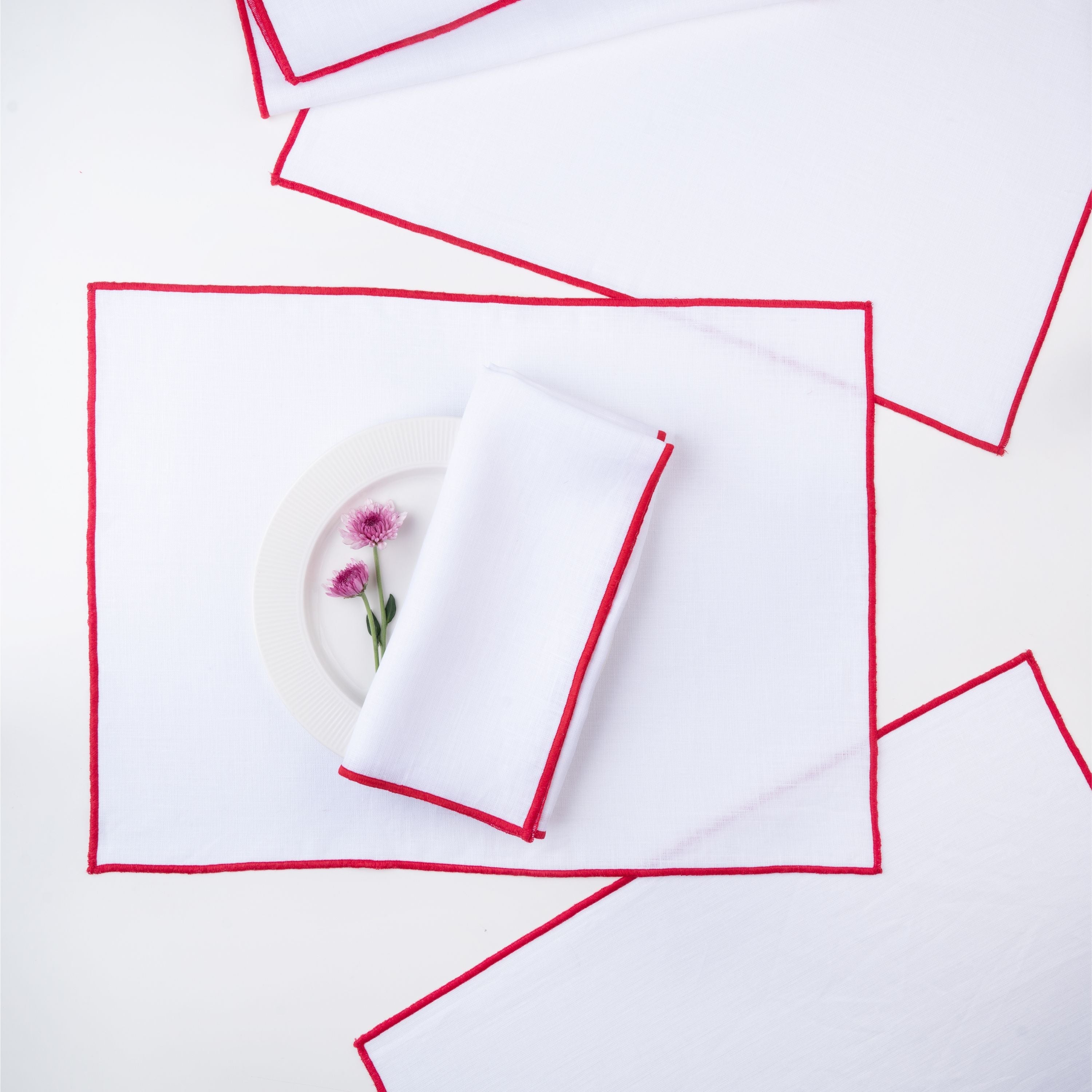 White and Red Linen Placemats, Marrow Edge, 14 x 19 inch, 4 pcs