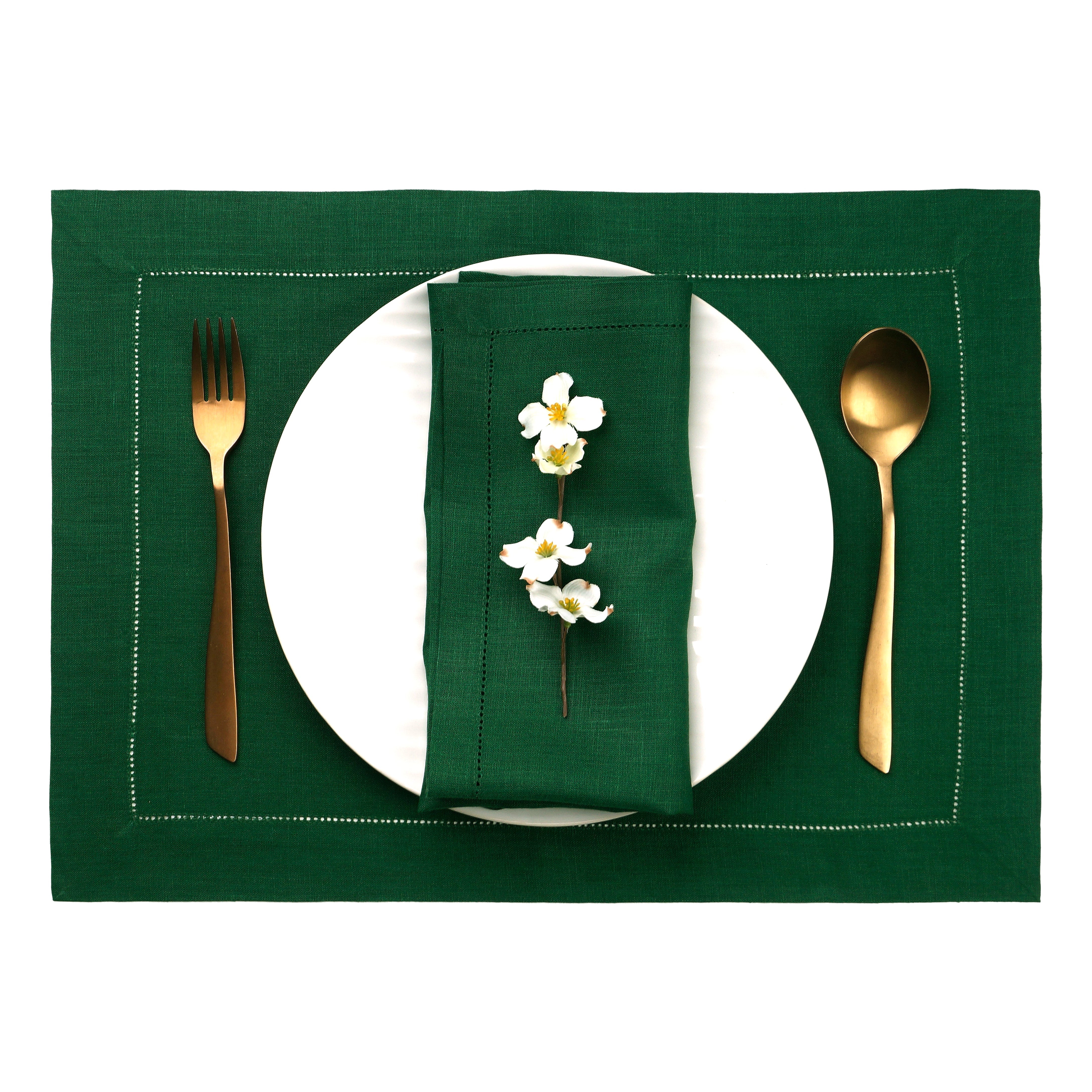 Forest Green Linen Placemats, Hemstitch, 14 x 19 inch, 4 pcs