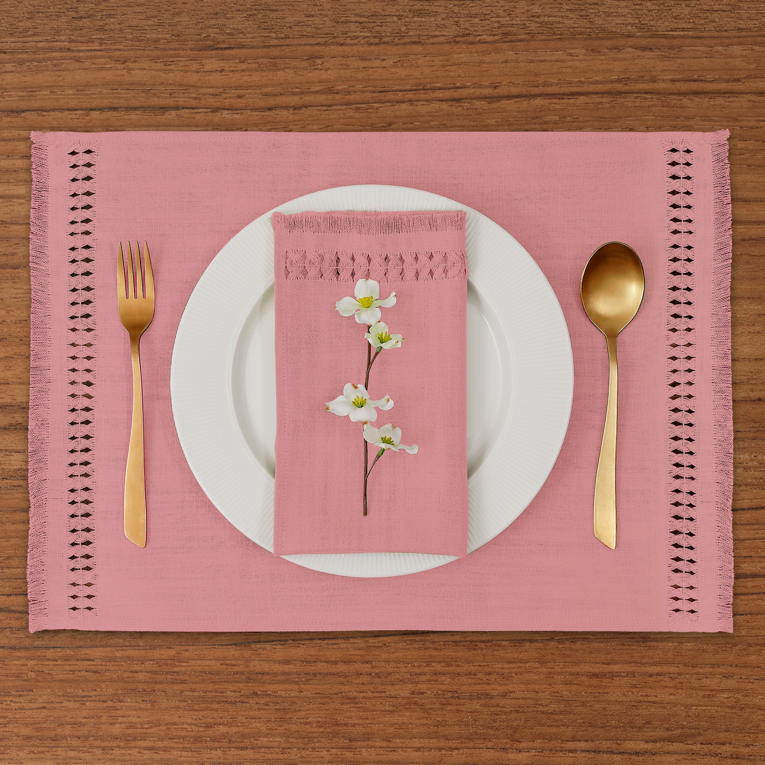 Dusty Pink Faux Linen Placemats, Hand Hemstitch, 14 x 19 inch, 6 pcs