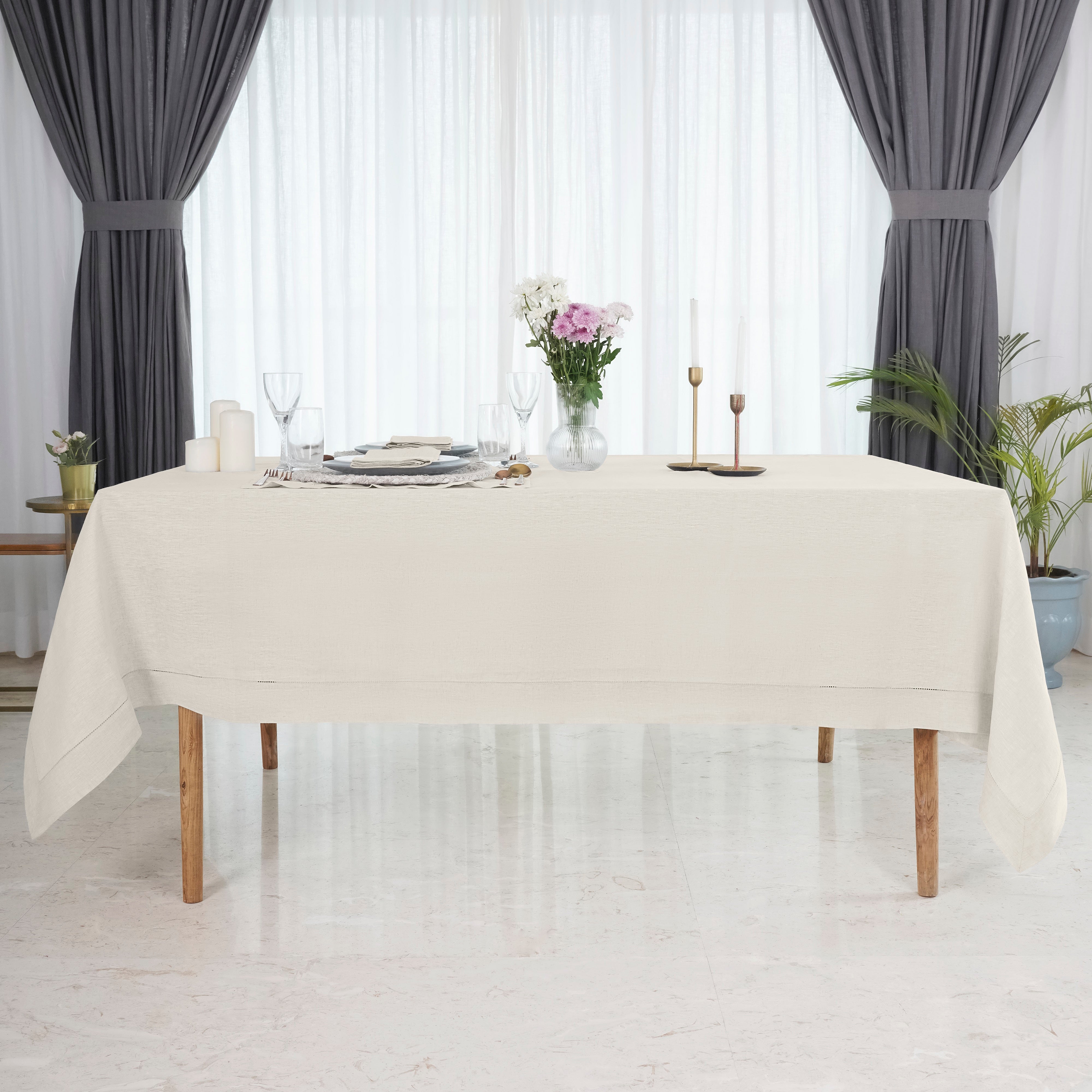 Light Natural Linen Tablecloth, Hemstitch