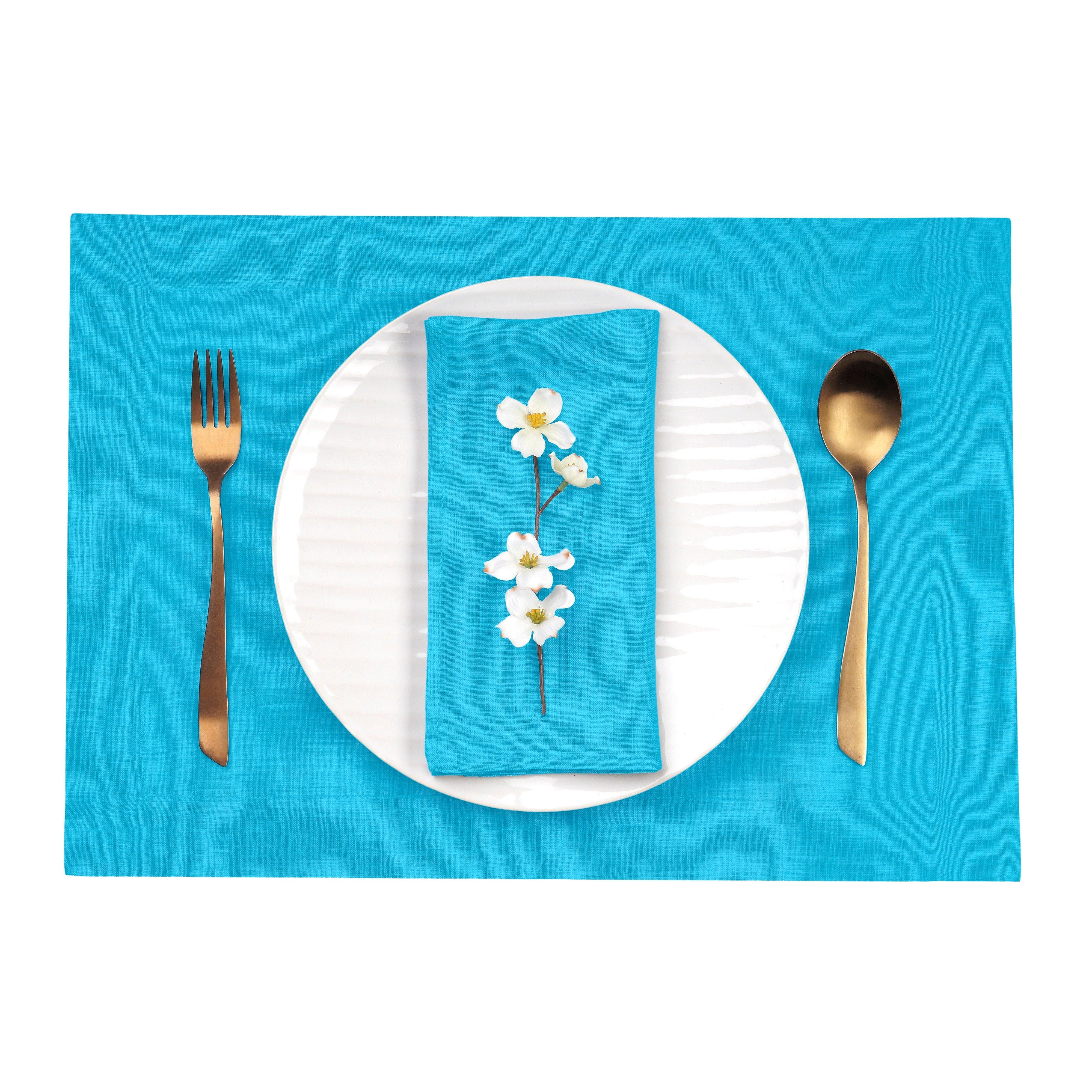 Cyan Blue Linen Placemats, Hemmed, 14 x 19 inch, 4 pcs