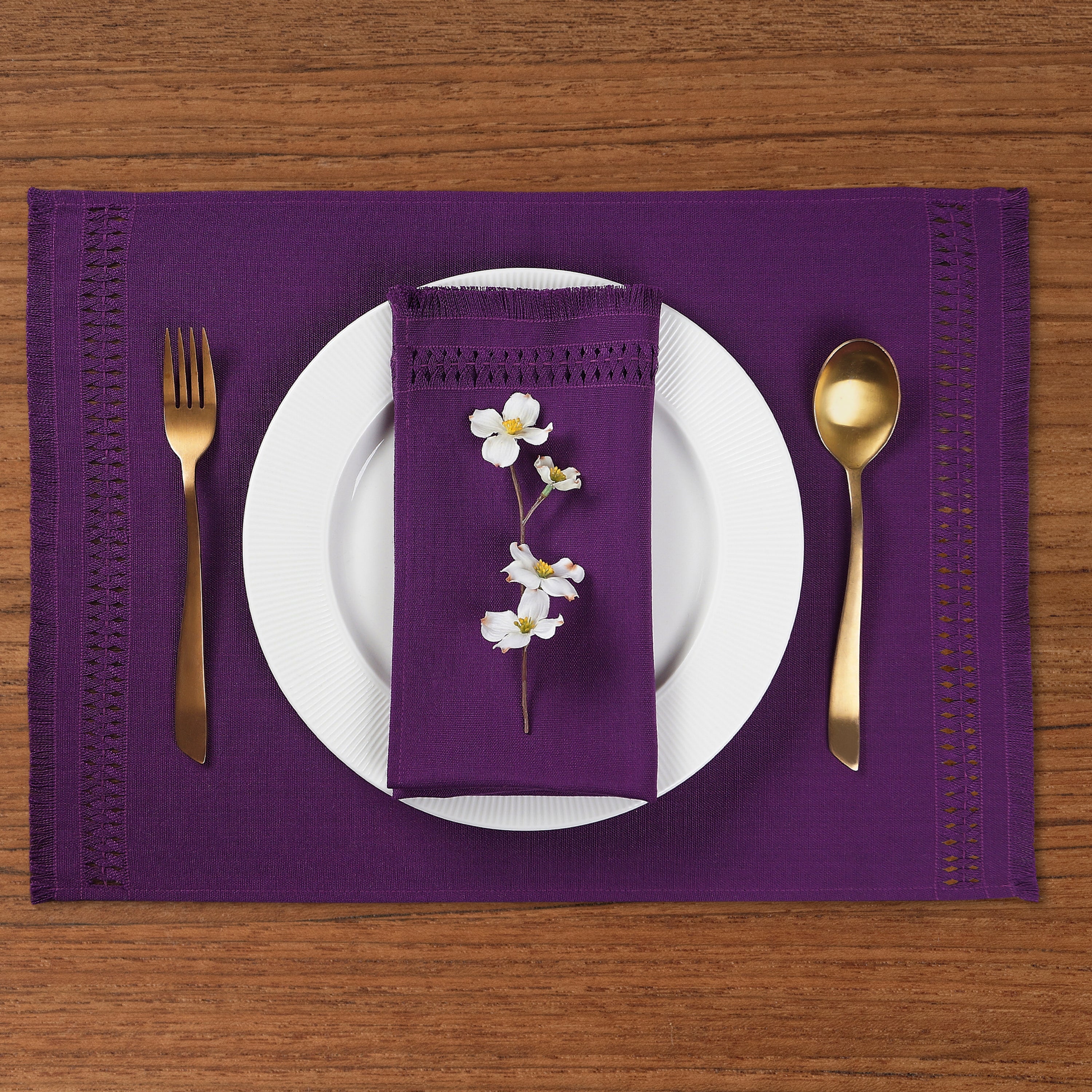 Purple Faux Linen Placemats, Hand Hemstitch, 14 x 19 inch, 6 pcs