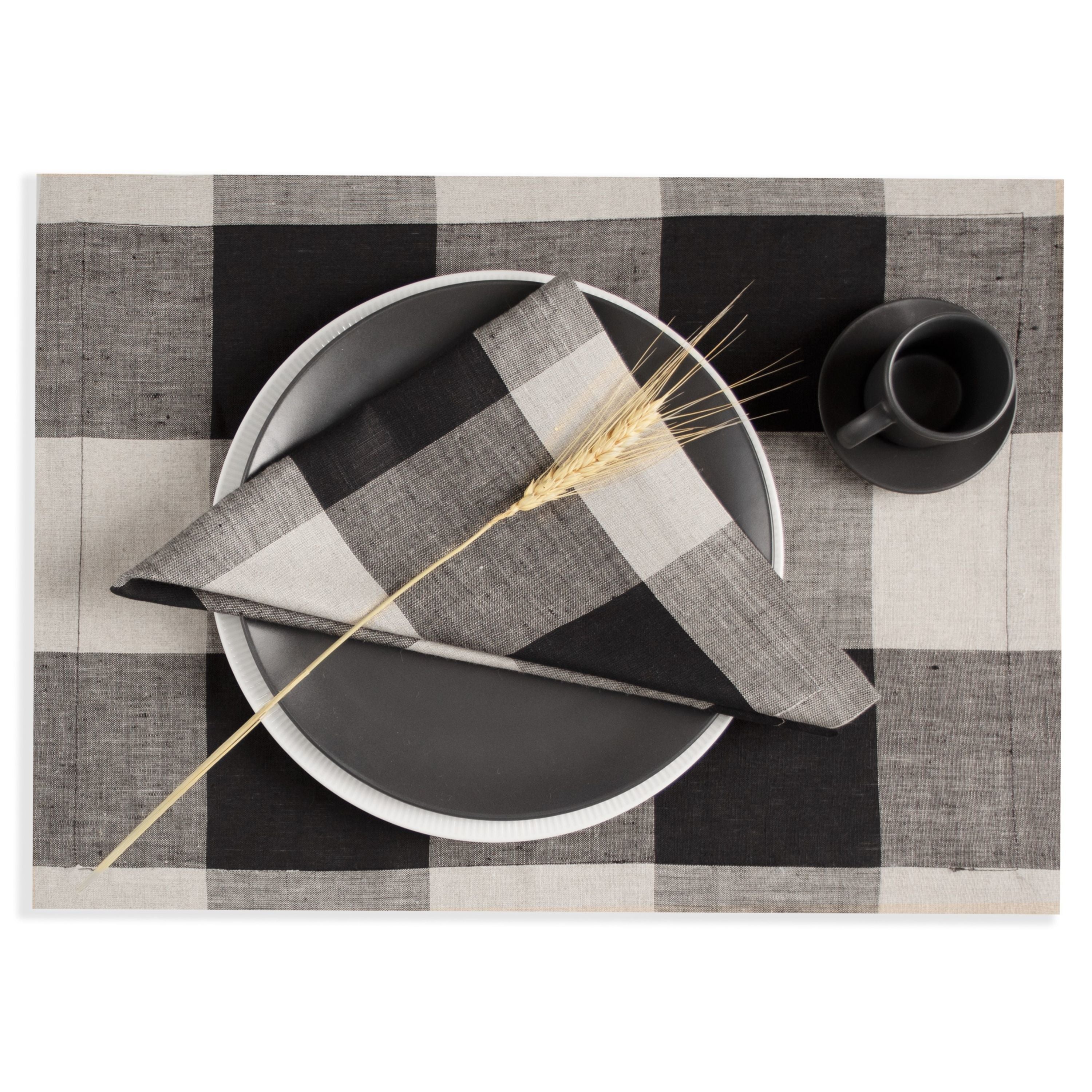 Natural and Black Linen Placemats, Buffalo Check, 14 x 19 inch, 4 pcs