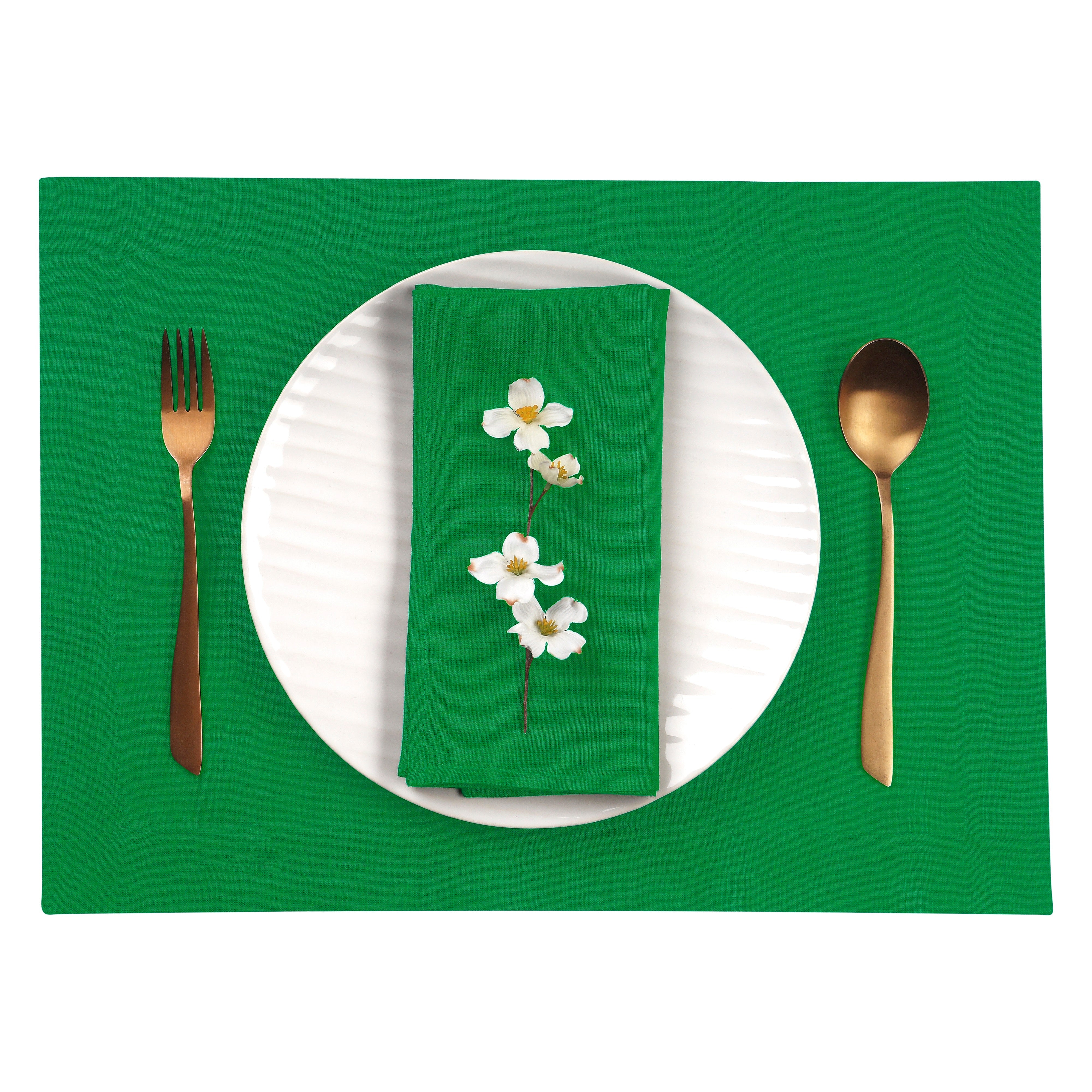 Kelly Green Linen Placemats, Hemmed, 14 x 19 inch, 4 pcs