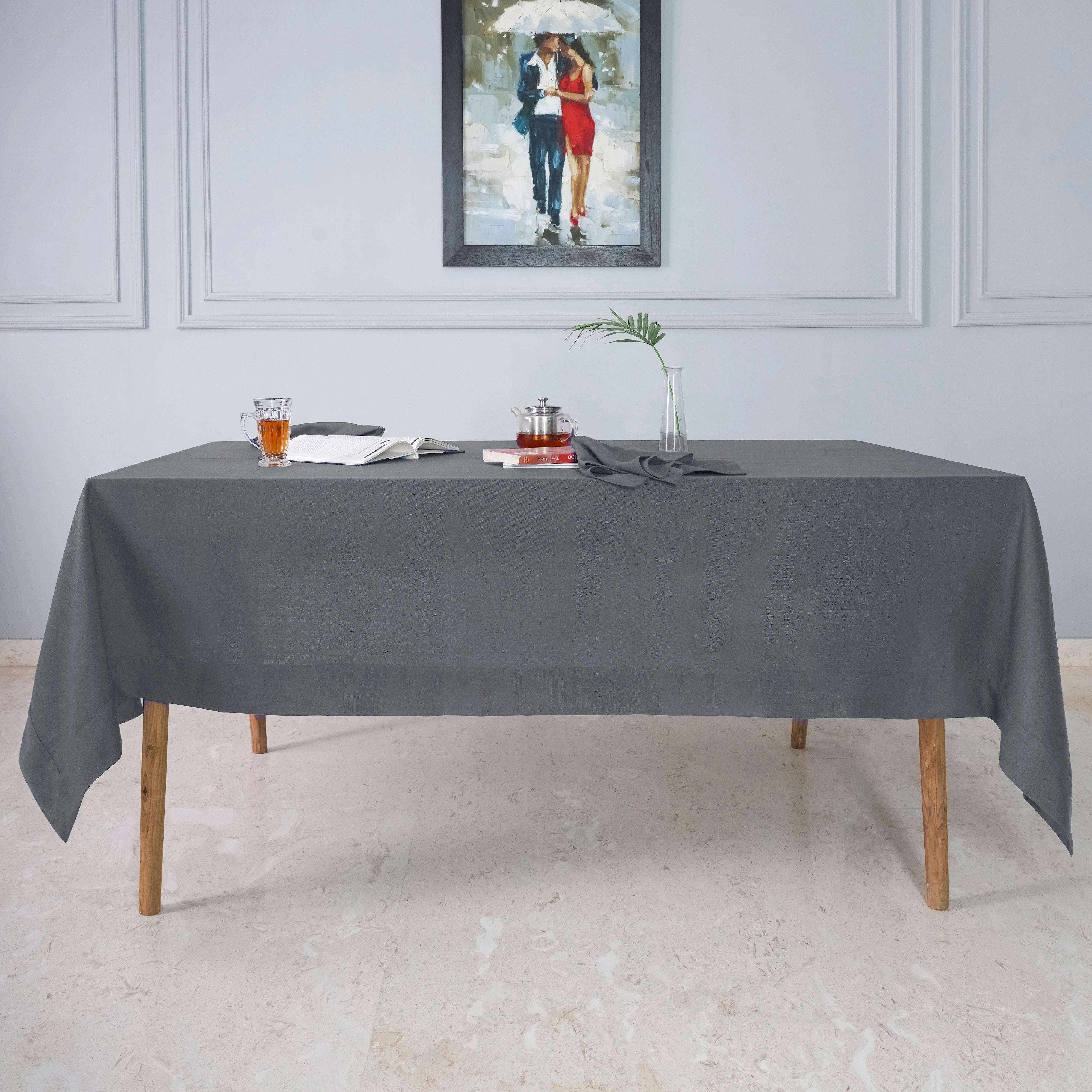 Charcoal Grey Tablecloth, Faux Linen, Mitered Corner