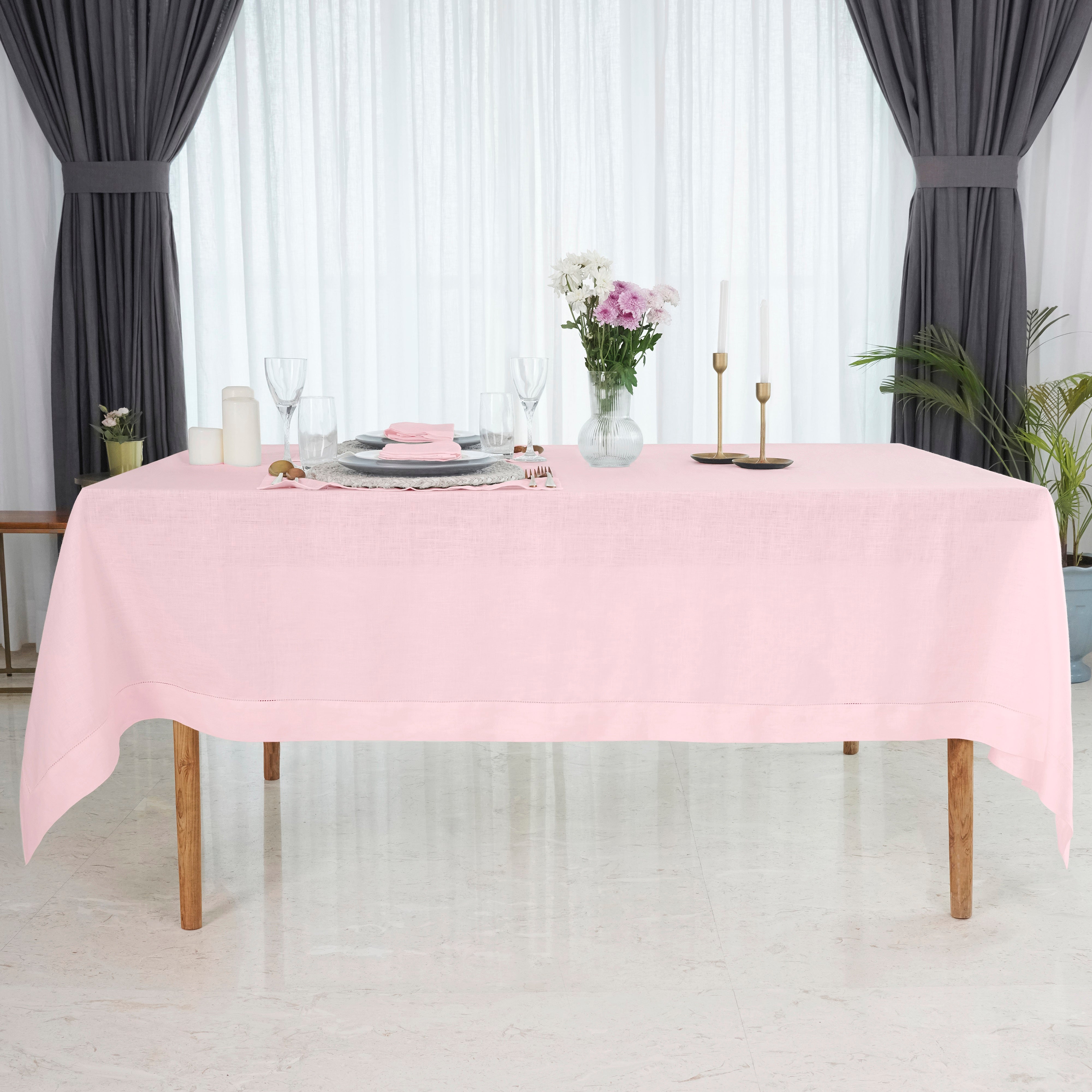 Pastel Pink Linen Tablecloth, Hemstitch