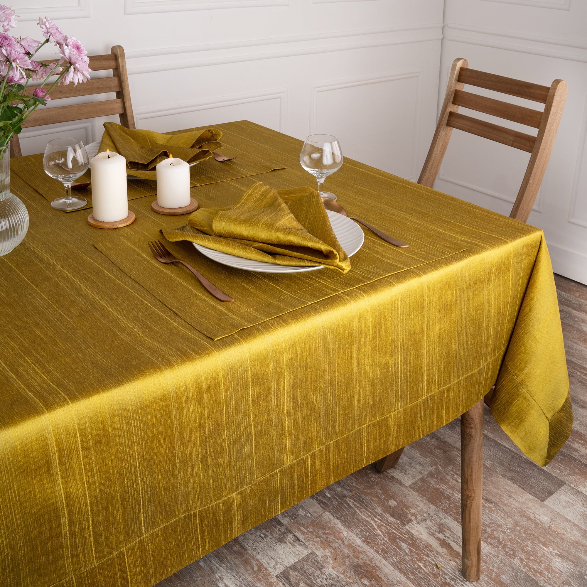 Gold Vegan Silk Tablecloth, Mitered Corner