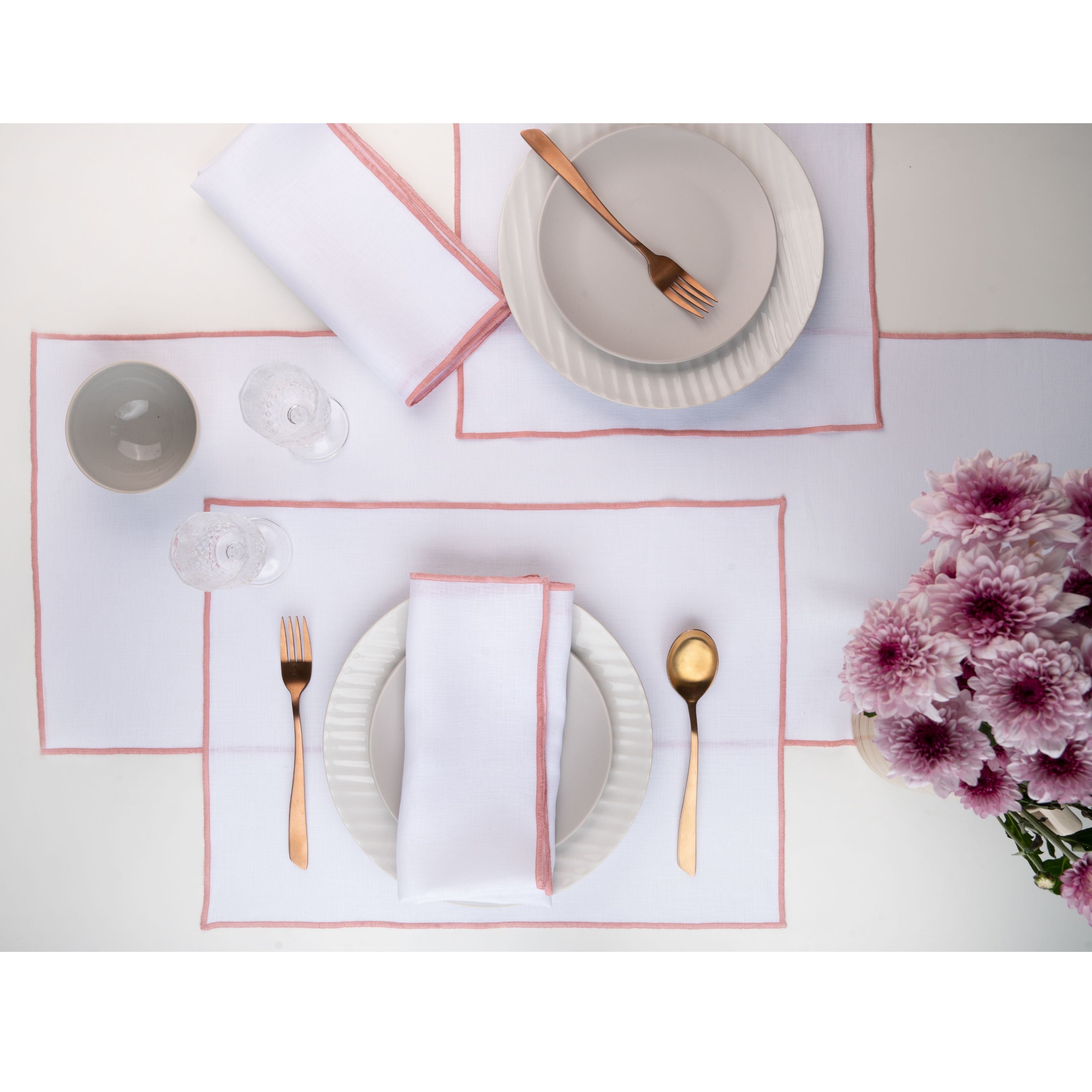 White and Dusty Pink Linen Placemats, Marrow Edge, 14 x 19 inch, 4 pcs