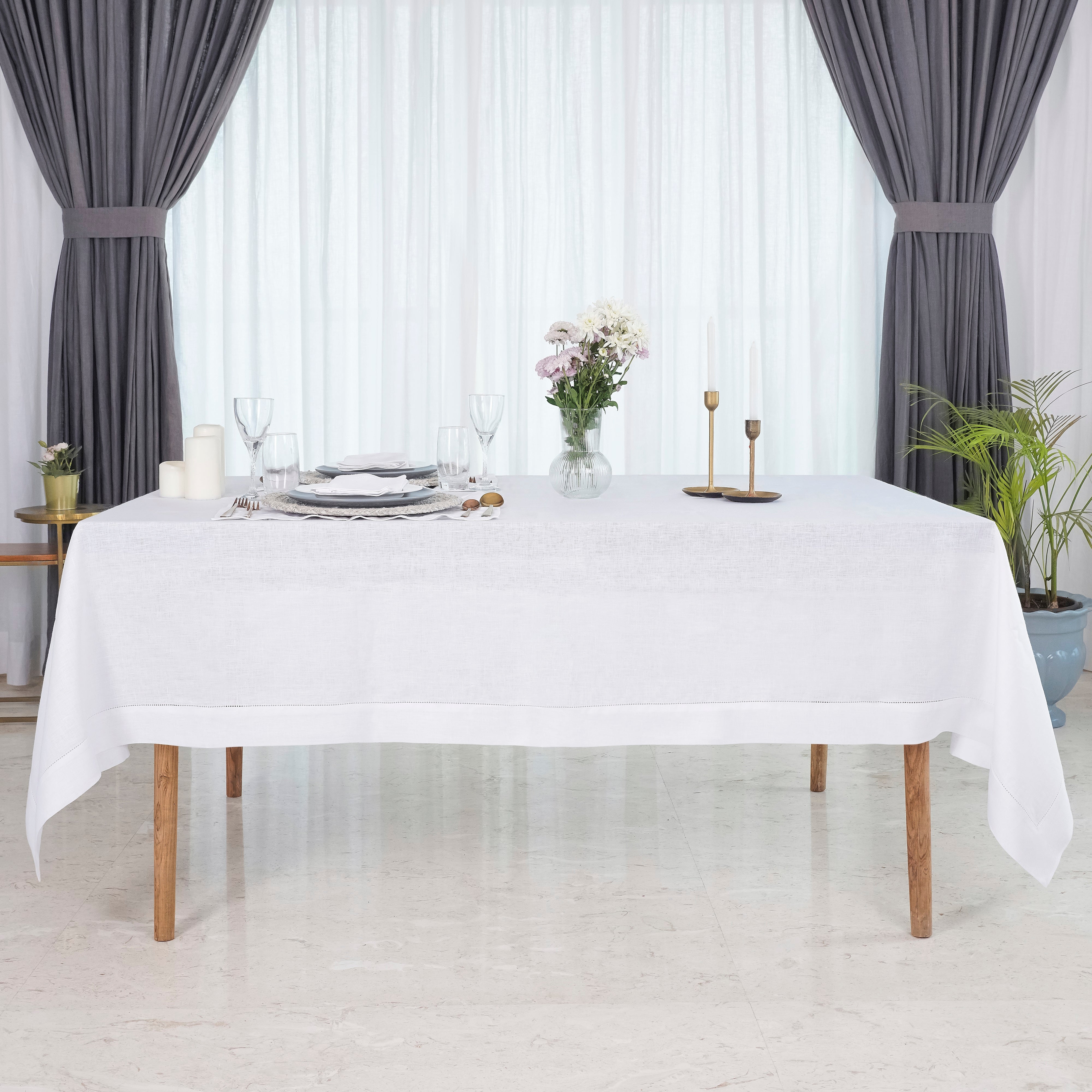 White Linen Tablecloth, Hemstitch