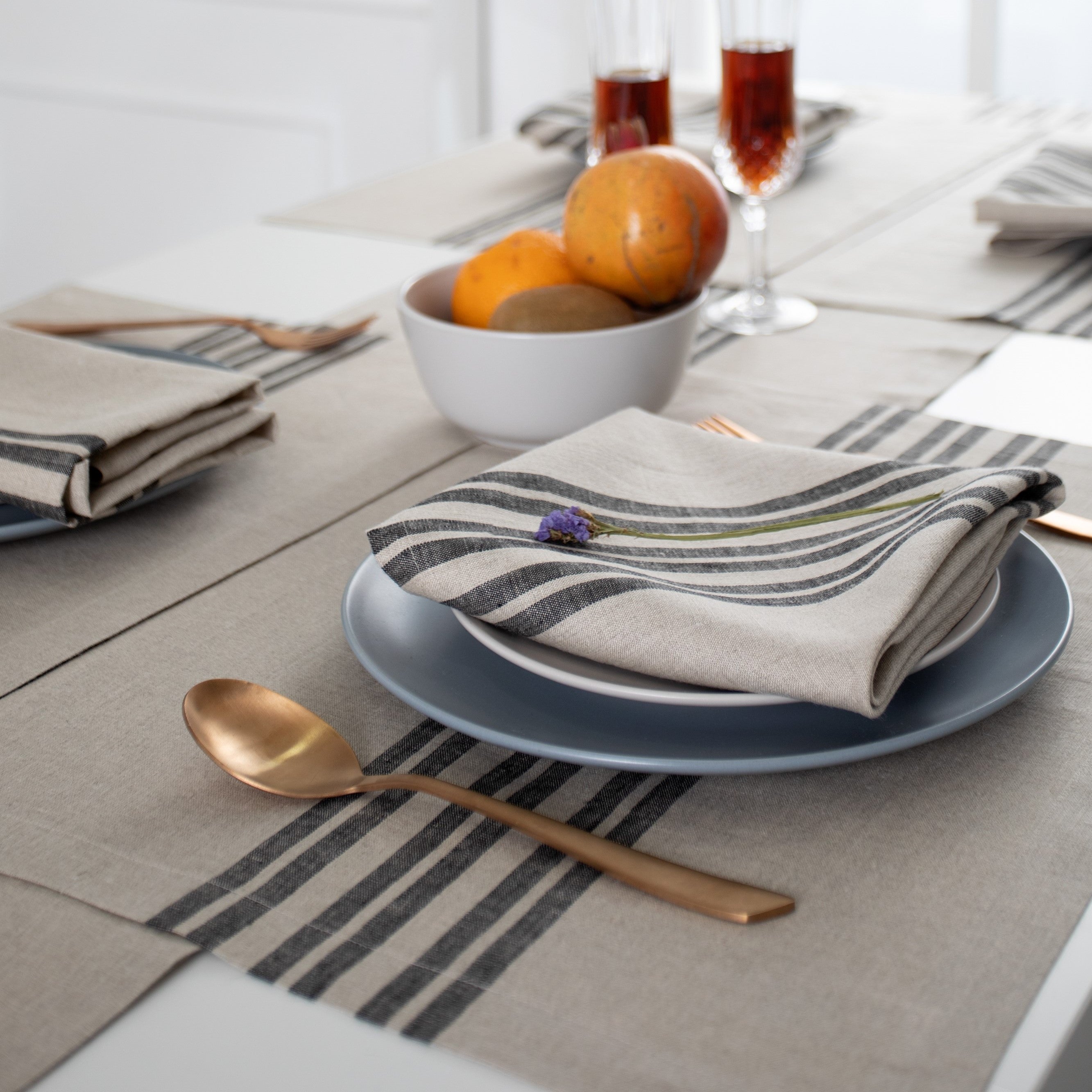 Natural and Black Linen Table Runner, Farmhouse