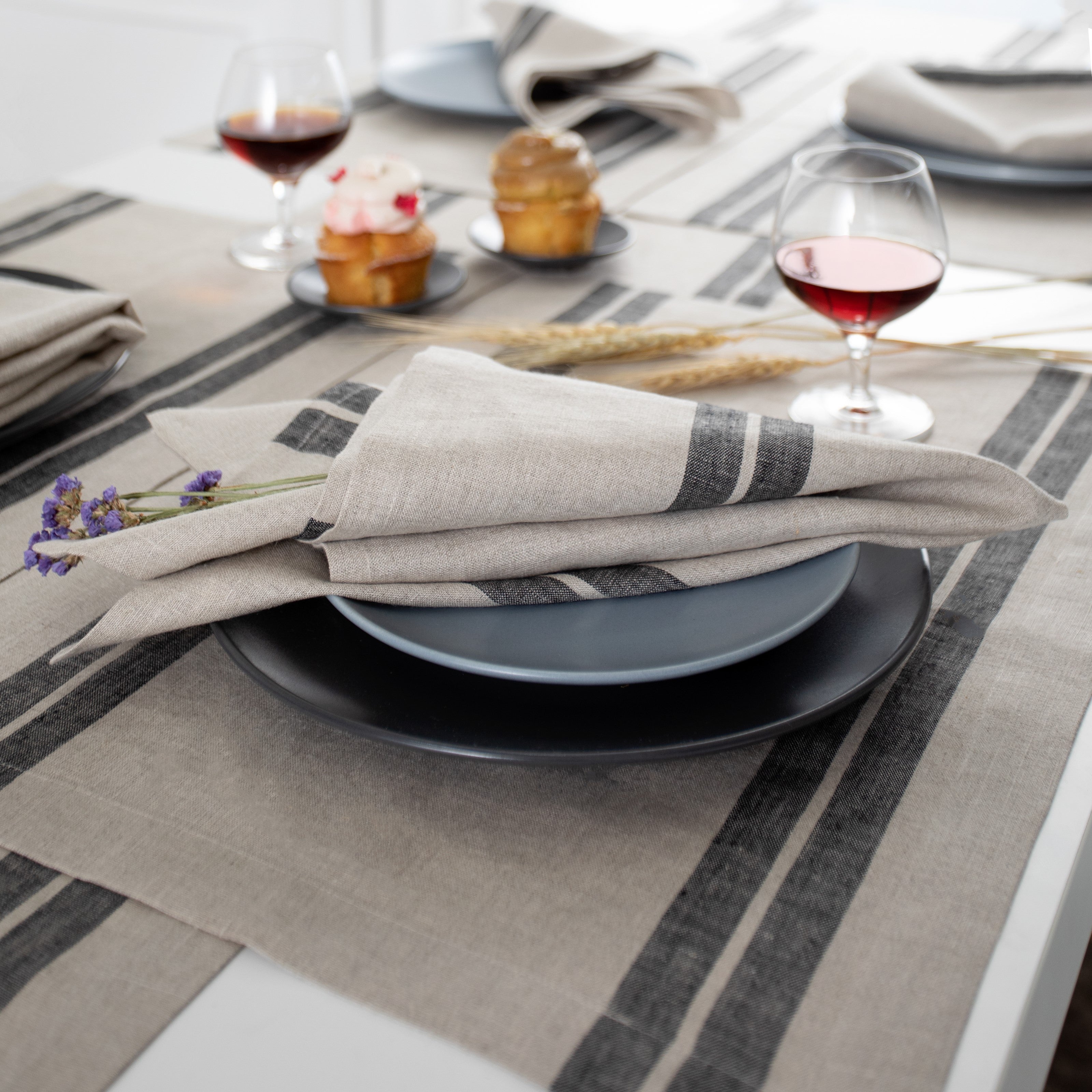 Natural and Black Linen Table Runner, French Stripe