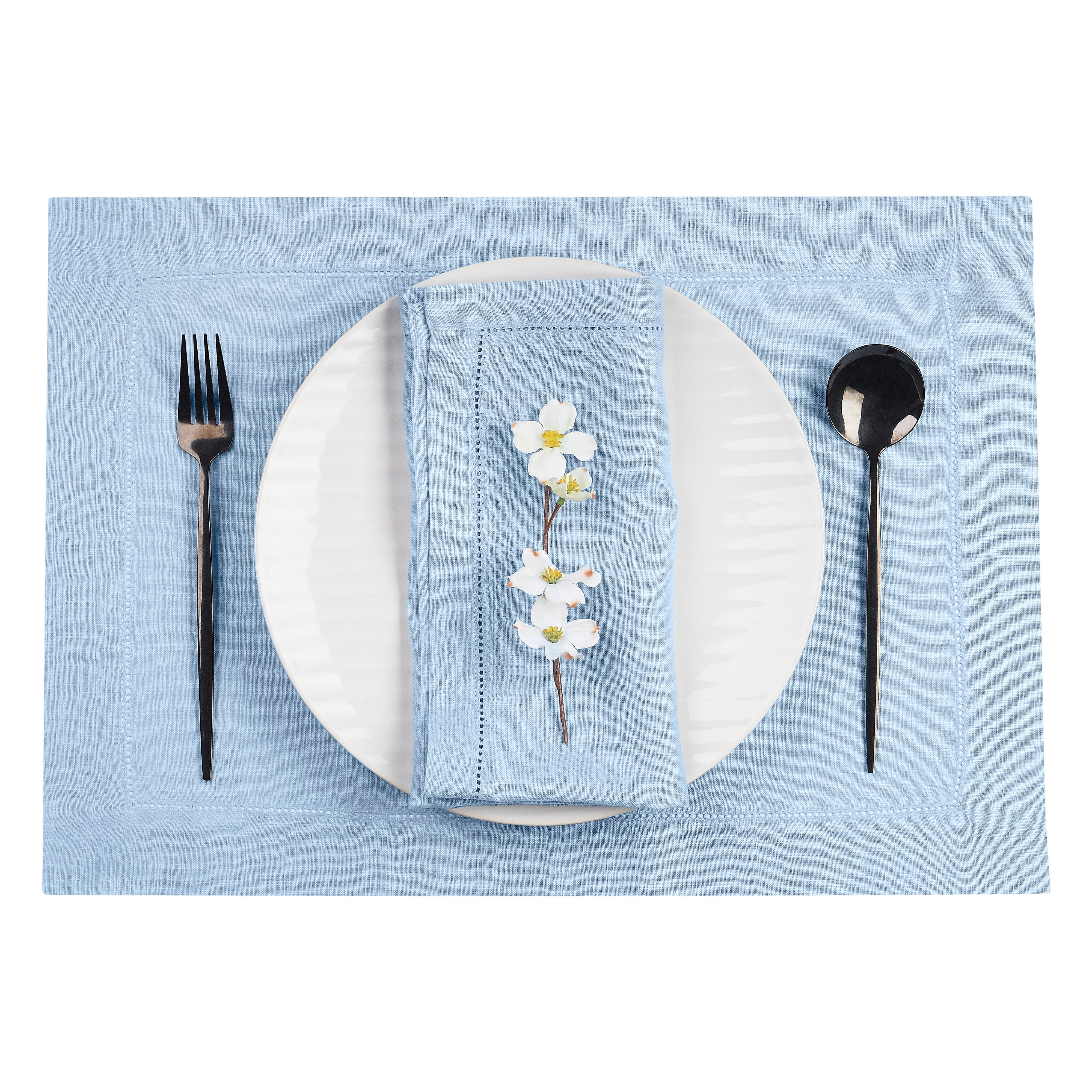 Powder Blue Linen Placemats, Hemstitch, 14 x 19 inch, 4 pcs