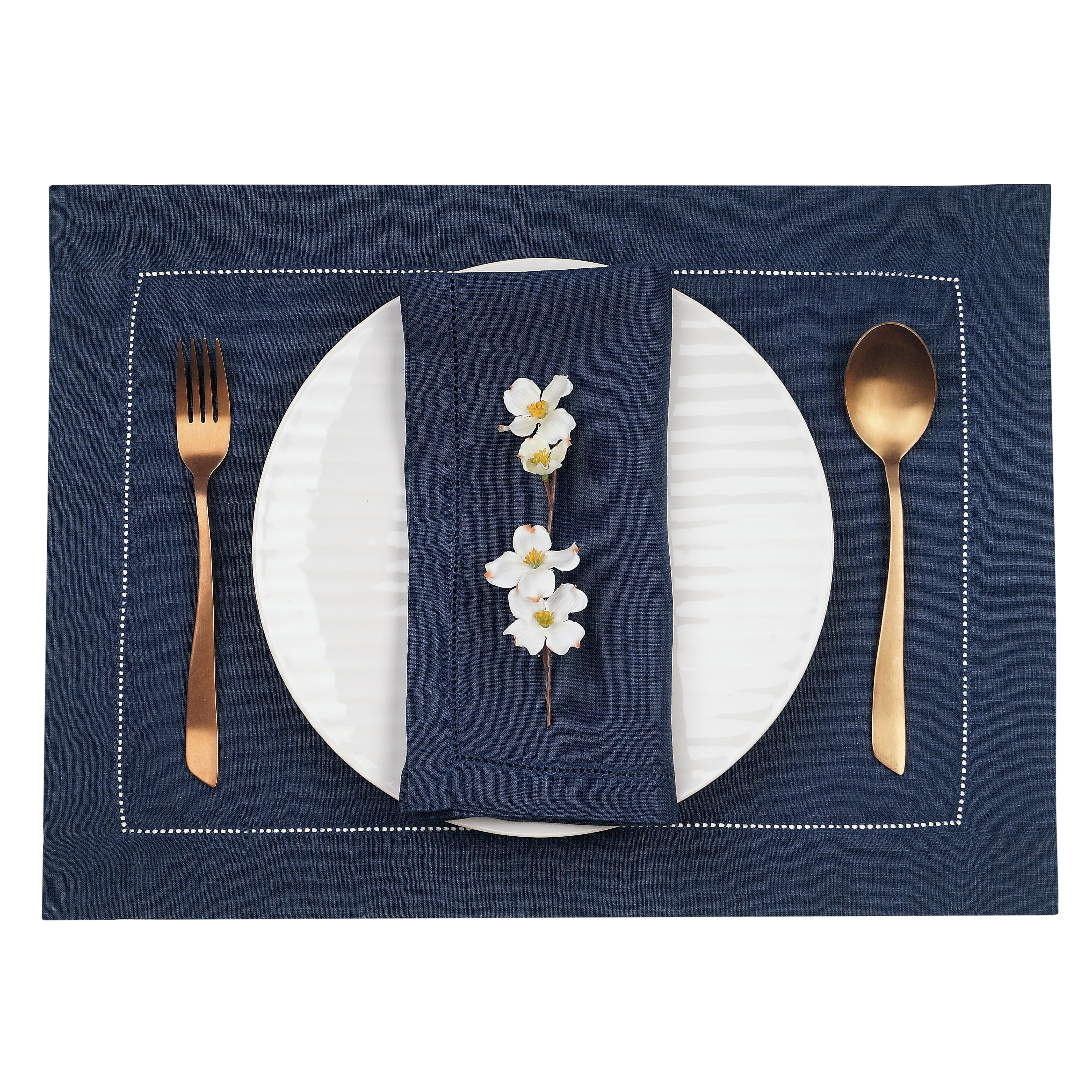 Navy Blue Linen Placemats, Hemstitch, 14 x 19 inch, 6 pcs