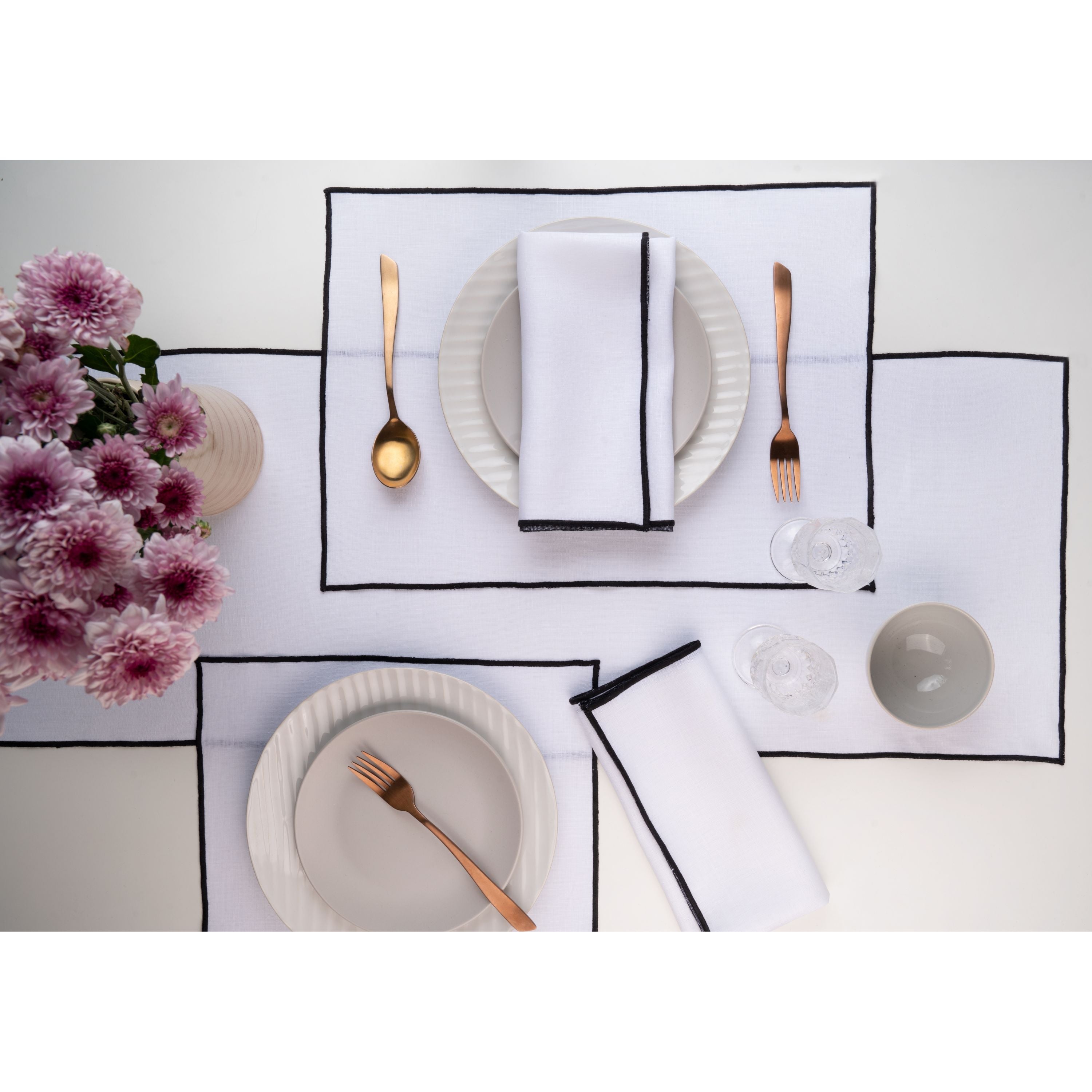 White and Black Linen Placemats, Marrow Edge, 14 x 19 inch, 4 pcs