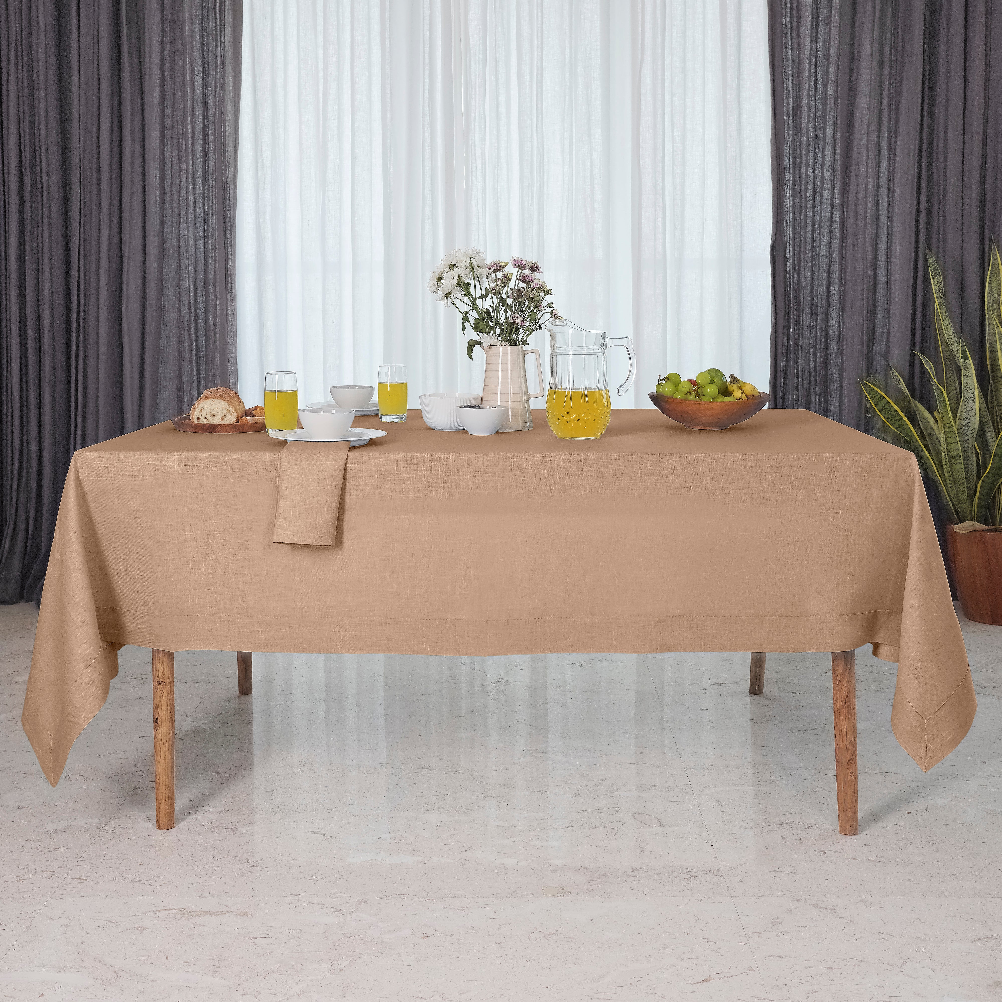 Champagne Beige Linen Tablecloth, Hemmed