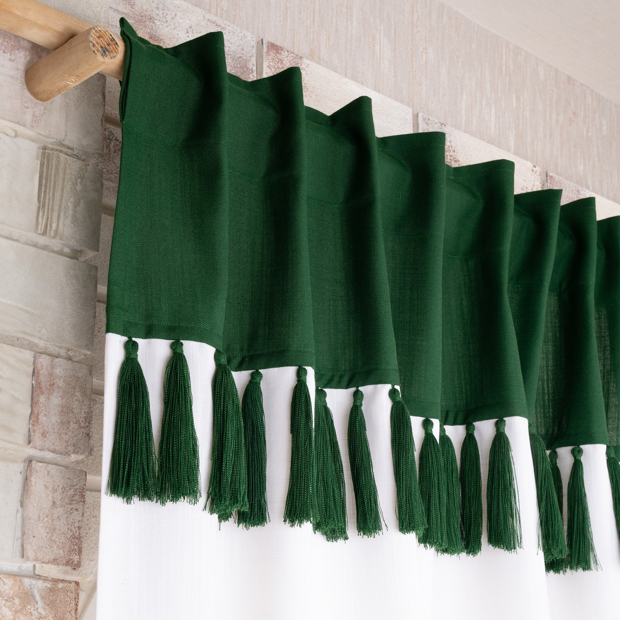 Forest Green and White Faux Linen Tassel Curtain - 