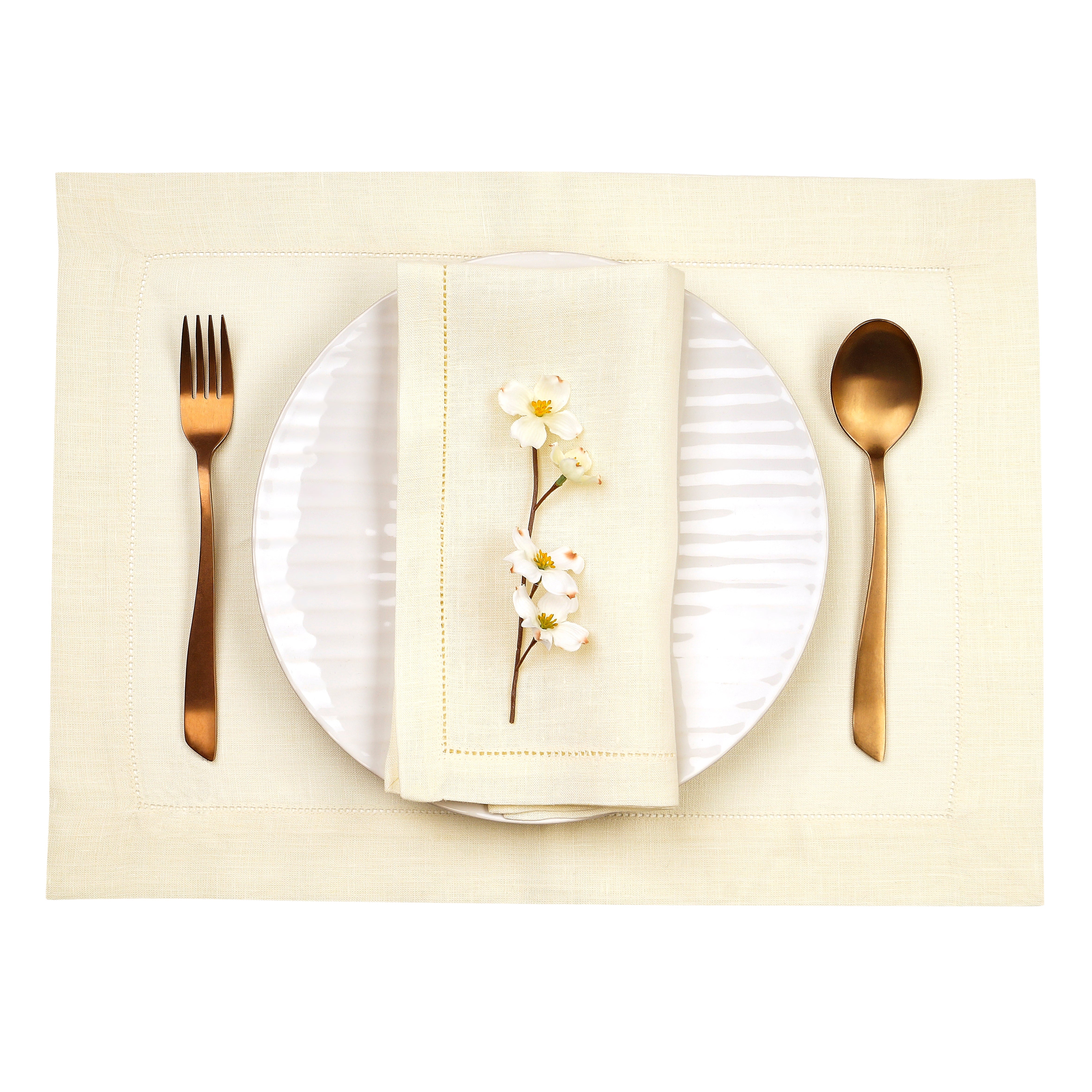 Cream Linen Placemats, Hemstitch, 14 x 19 inch, 4 pcs