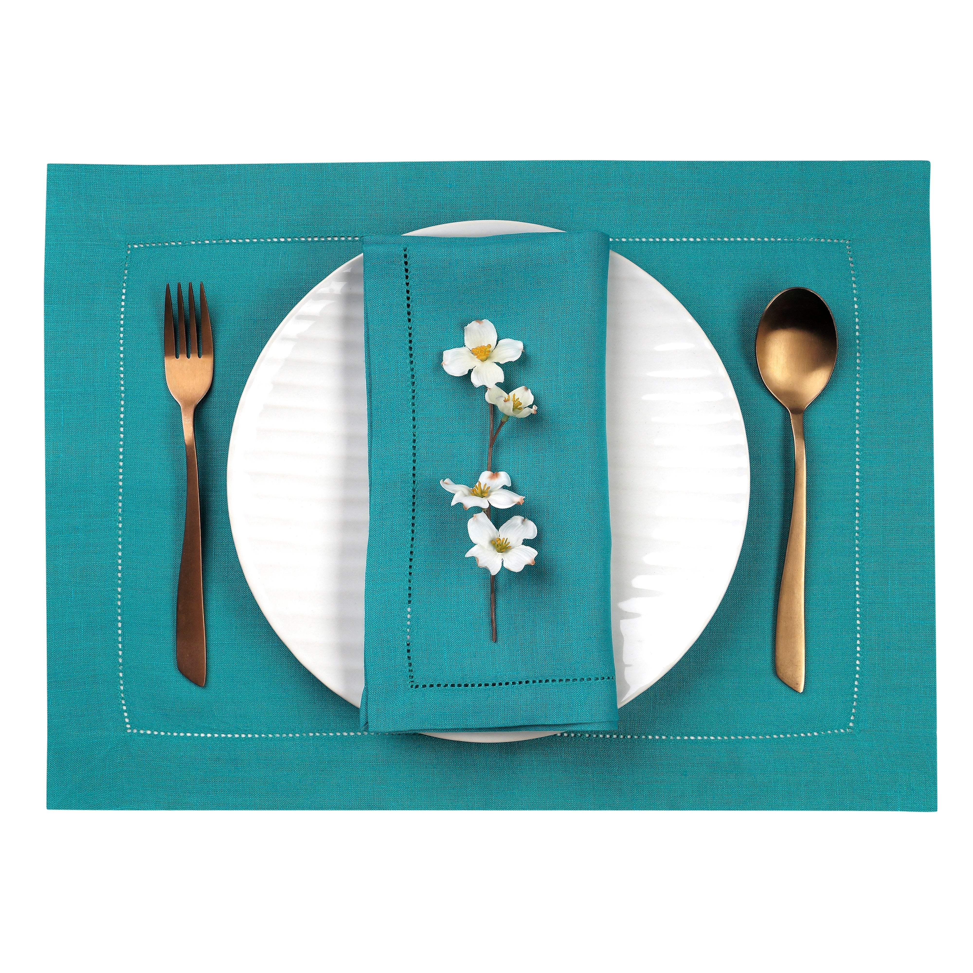 Teal Blue Linen Placemats, Hemstitch, 14 x 19 inch, 4 pcs