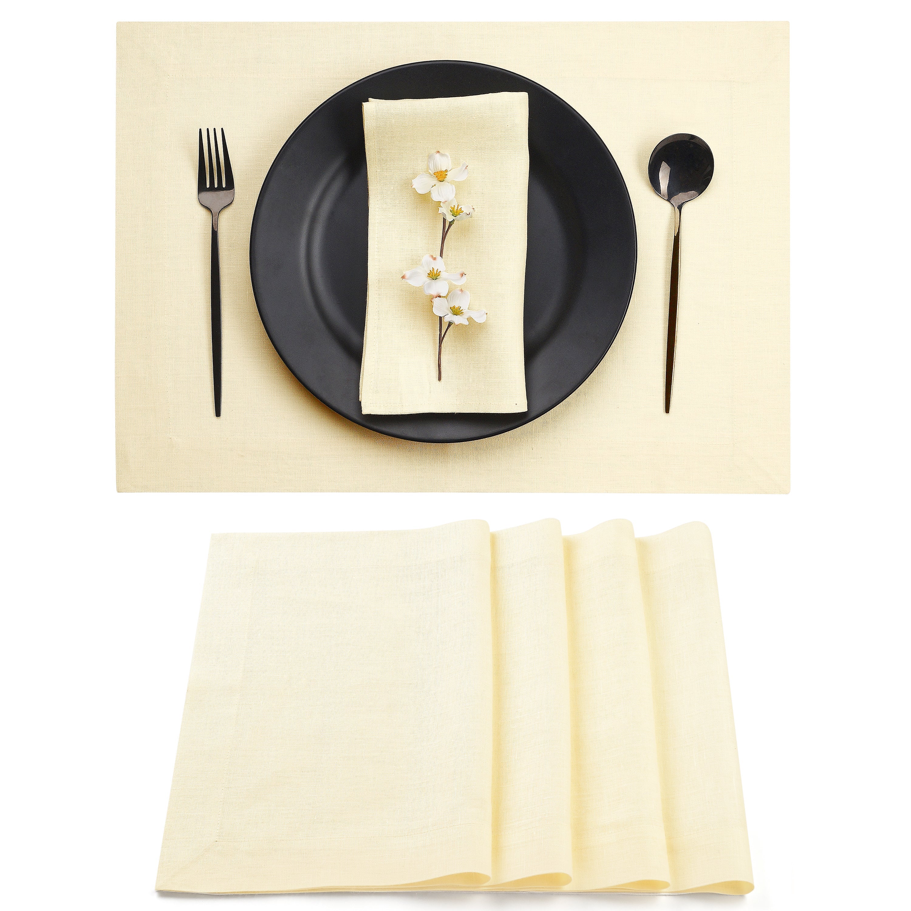 Cream Linen Placemats, Hemmed, 14 x 19 inch, 4 pcs