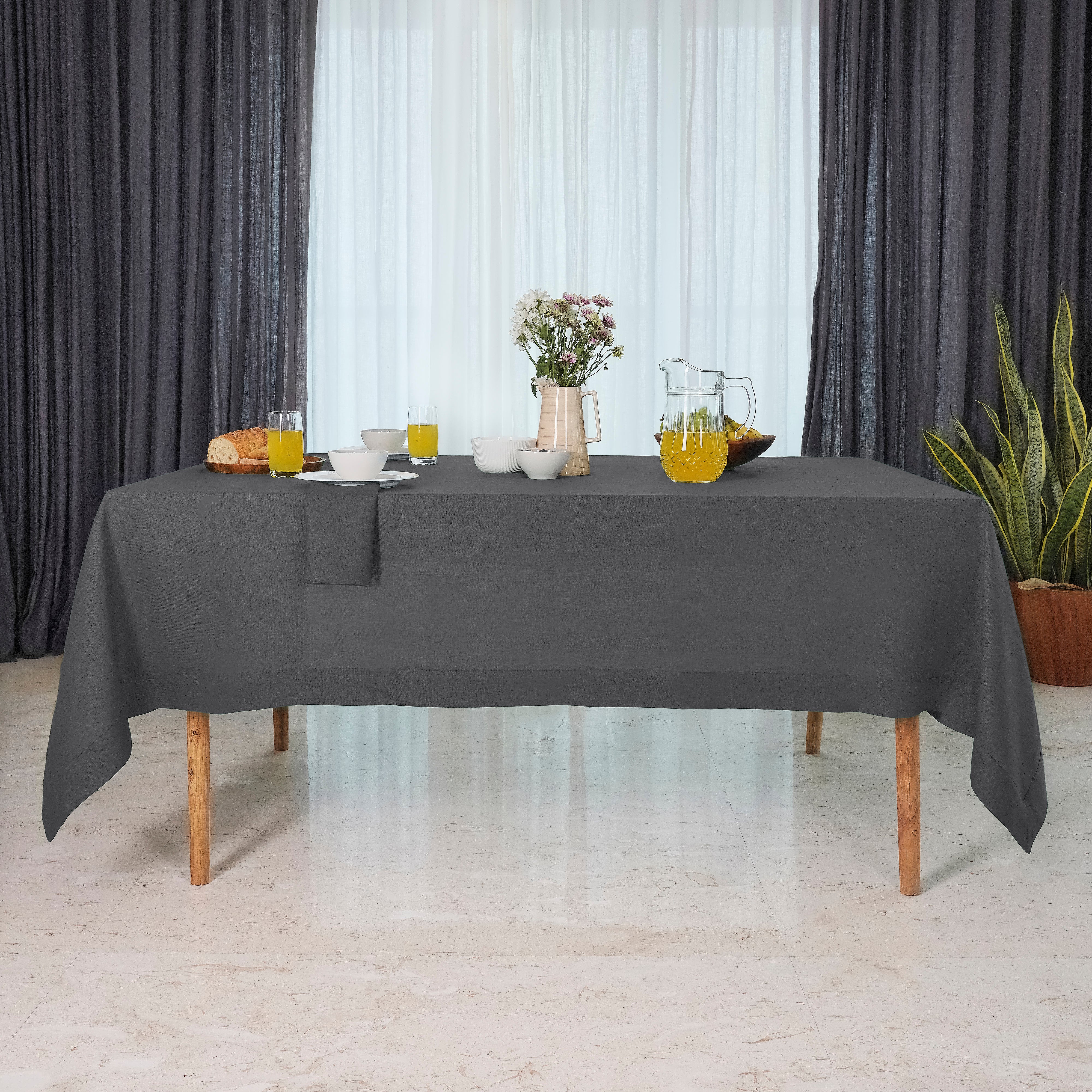 Charcoal  Grey Linen Tablecloth, Hemmed