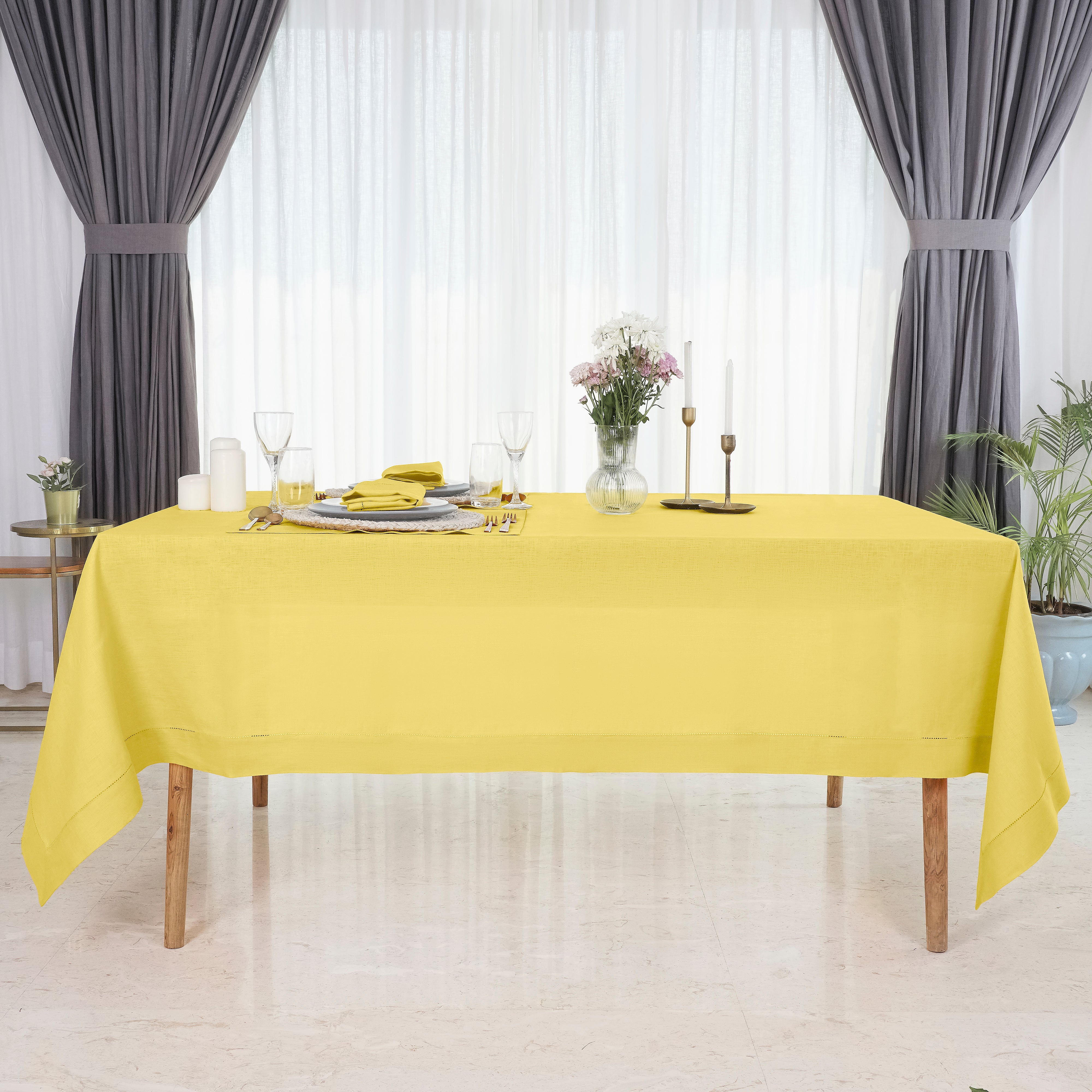 Lemon Yellow Linen Tablecloth, Hemstitch