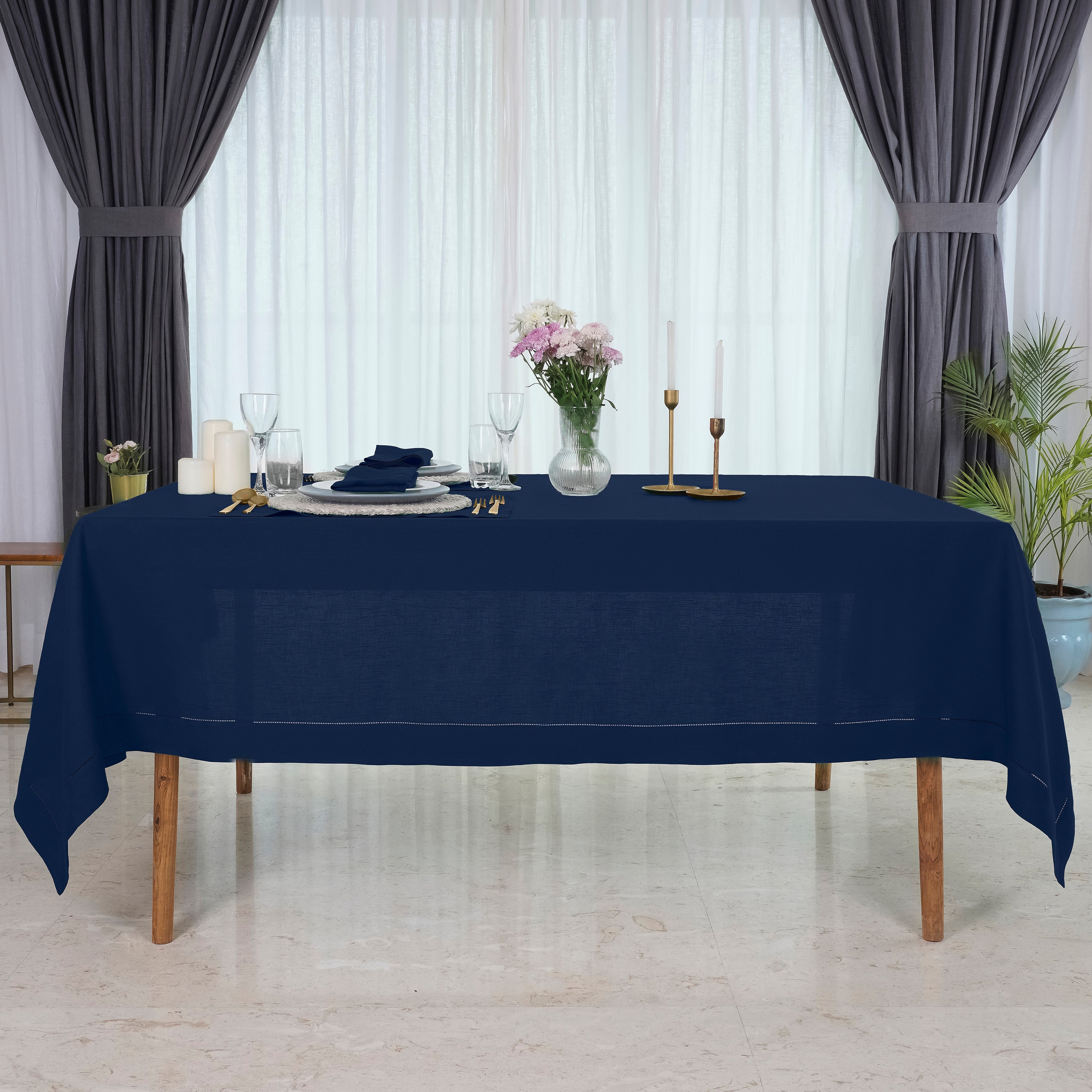 Navy Blue Linen Tablecloth, Hemstitch