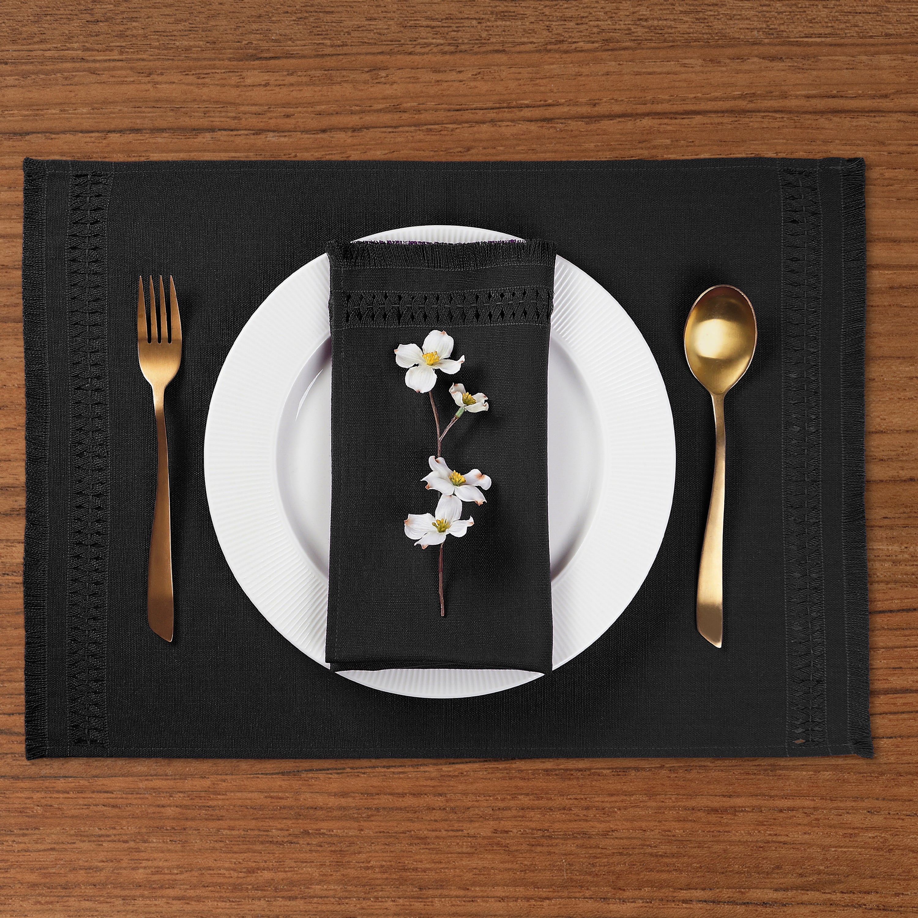 Black Faux Linen Placemats, Hand Hemstitch, 14 x 19 inch, 6 pcs