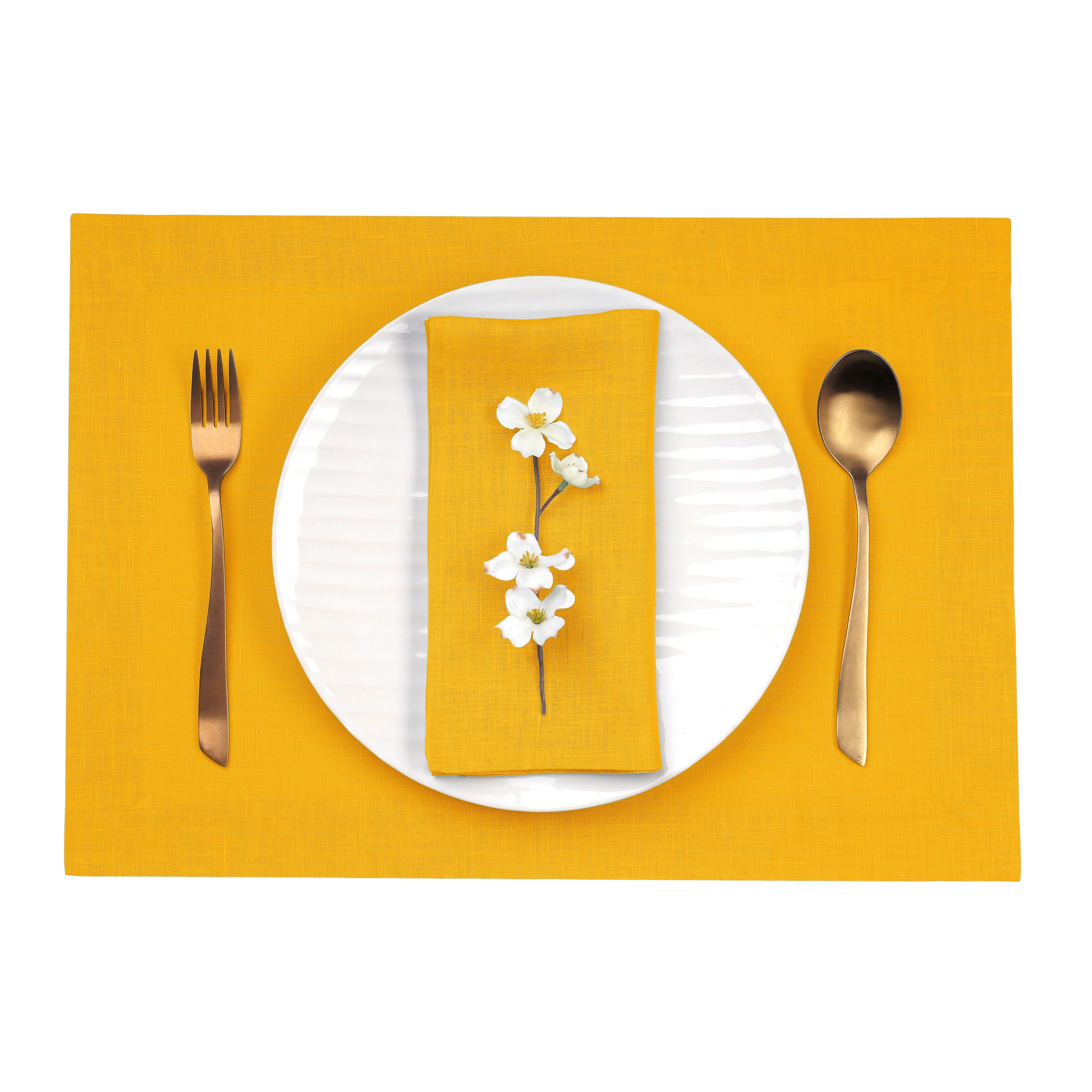 Sunflower Yellow Linen Placemats, Hemmed, 14 x 19 inch, 4 pcs