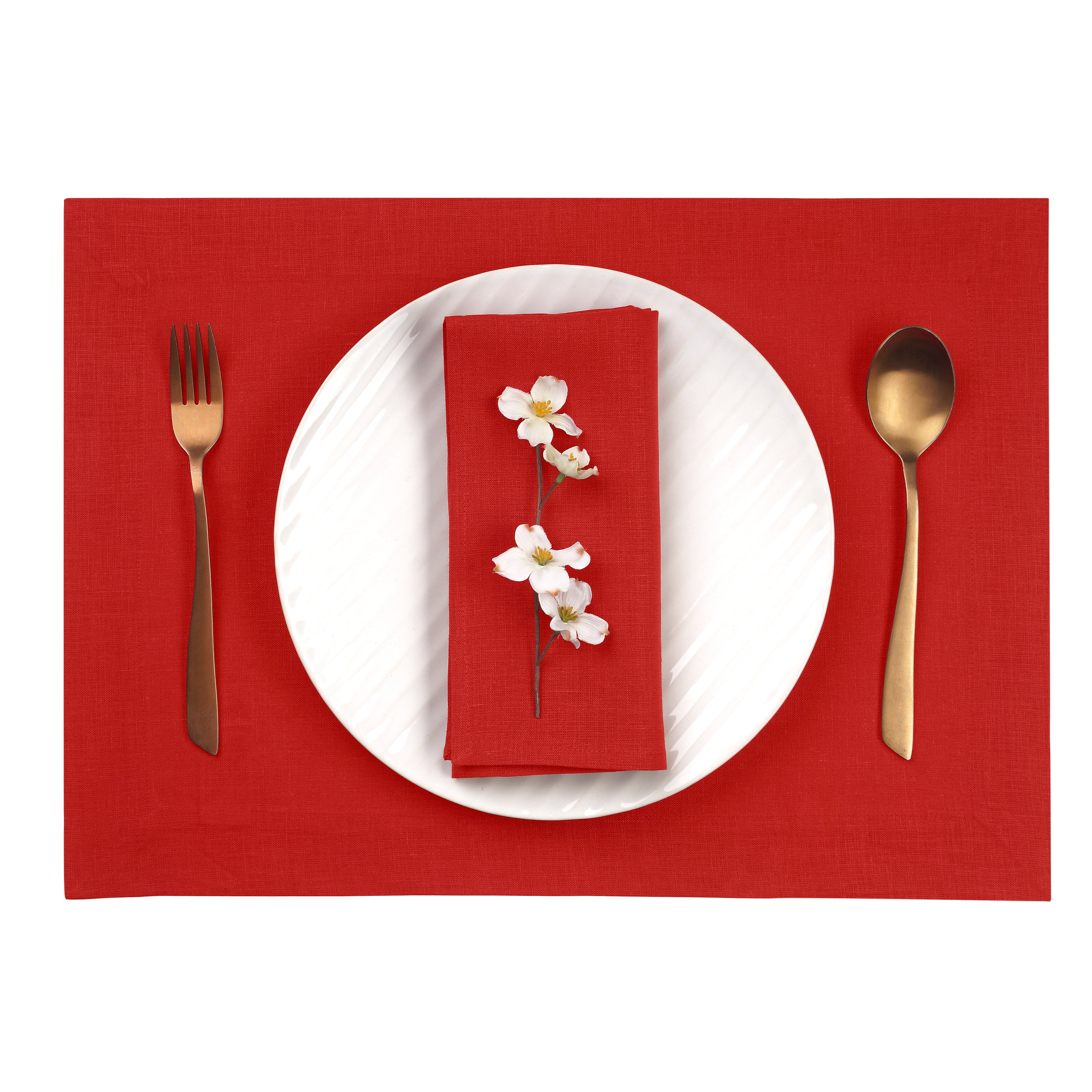 Bright Red Linen Placemats, Hemmed, 14 x 19 inch, 4 pcs