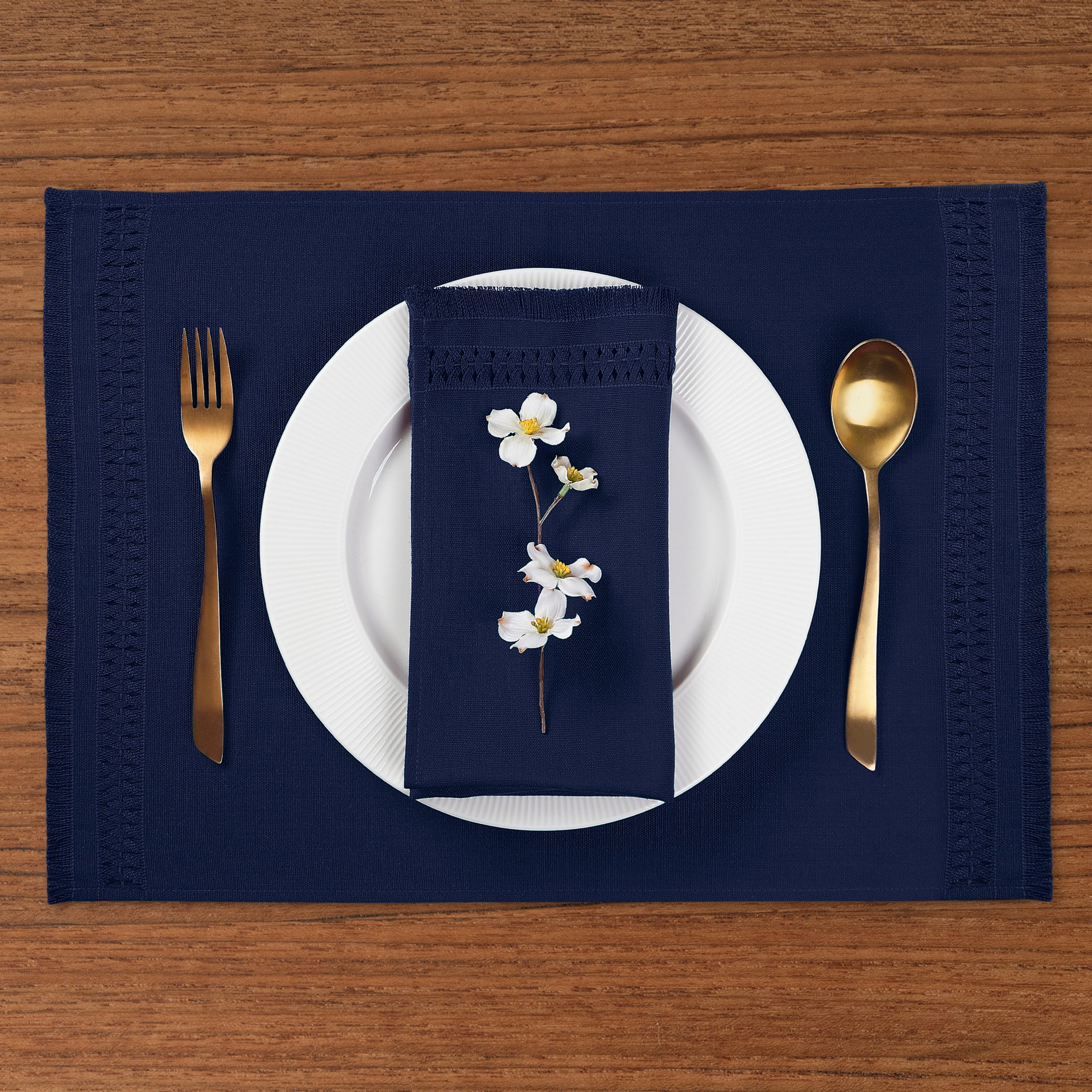 Navy Blue Faux Linen Placemats, Hand Hemstitch, 14 x 19 inch, 6 pcs