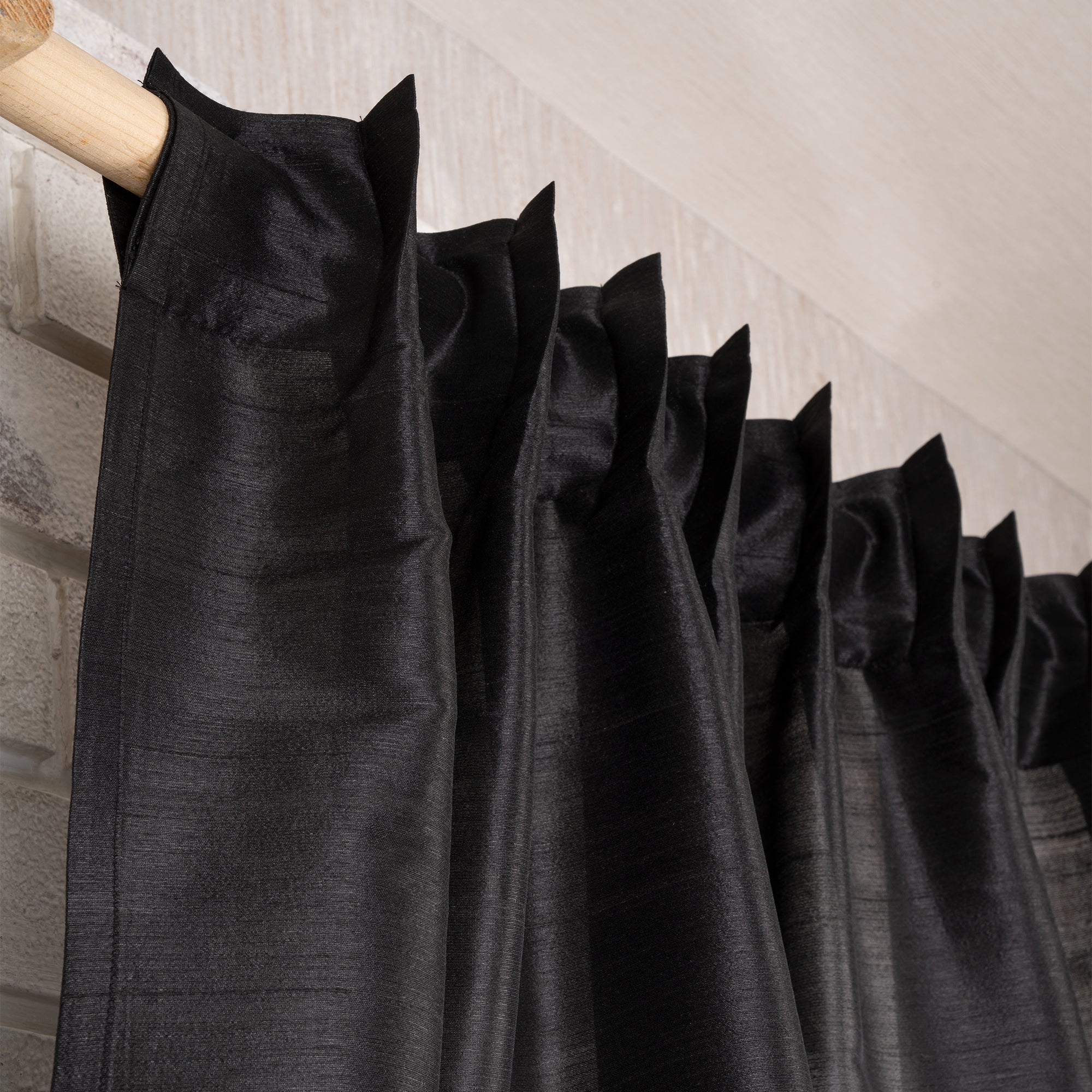 Black Vegan Silk Top Pinch Pleat Curtain