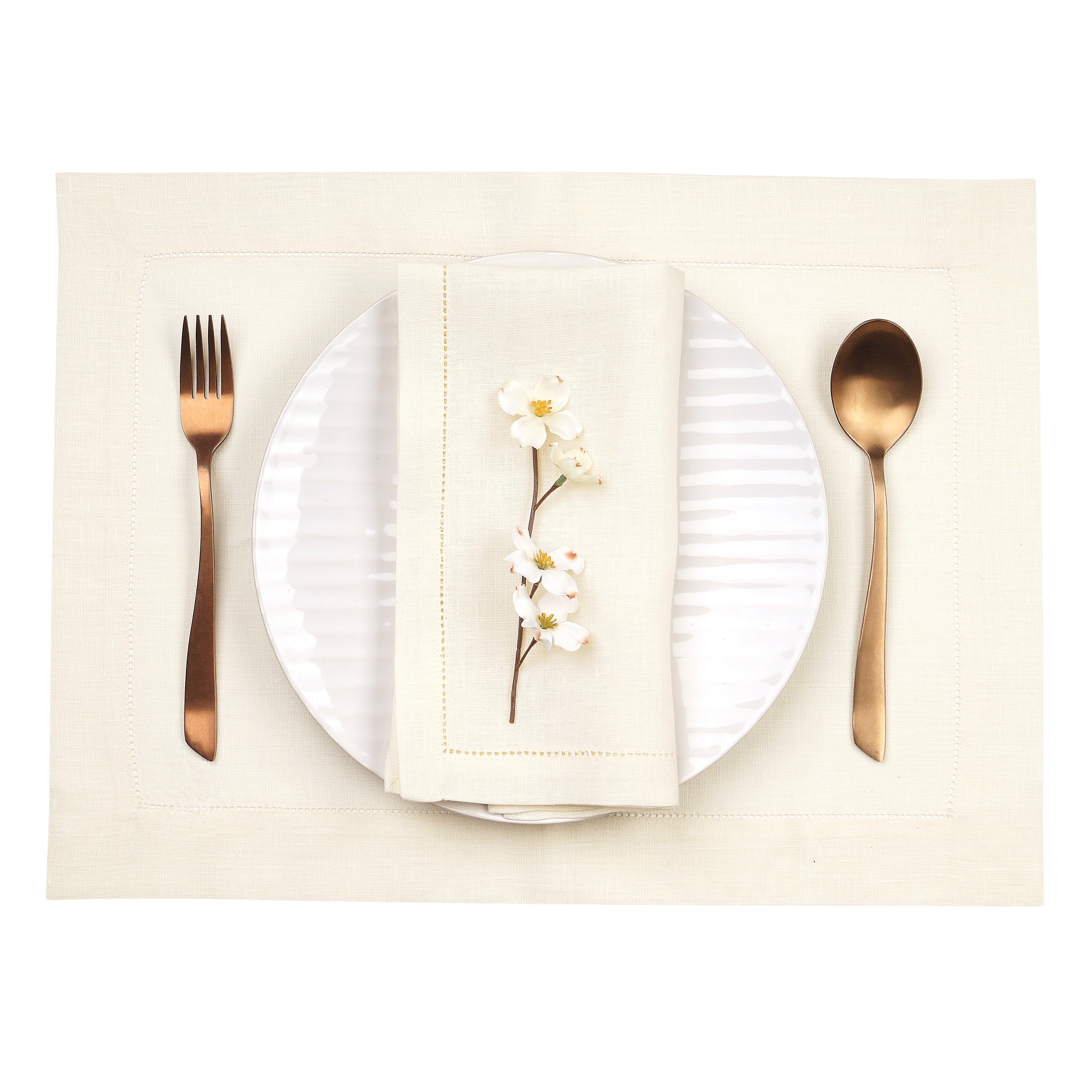 Ivory Linen Placemats, Hemstitch, 14 x 19 inch, 4 pcs