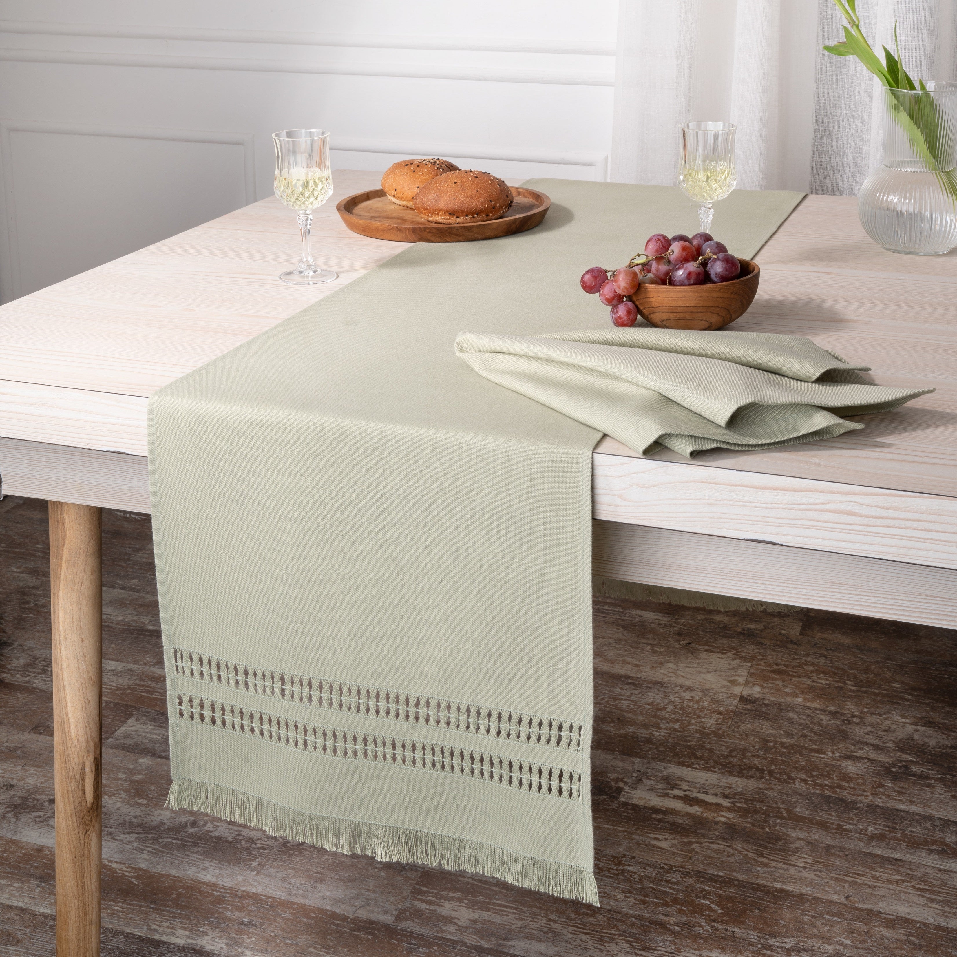 Sage Green Table Runner, Faux Linen, Hand Hemstitch