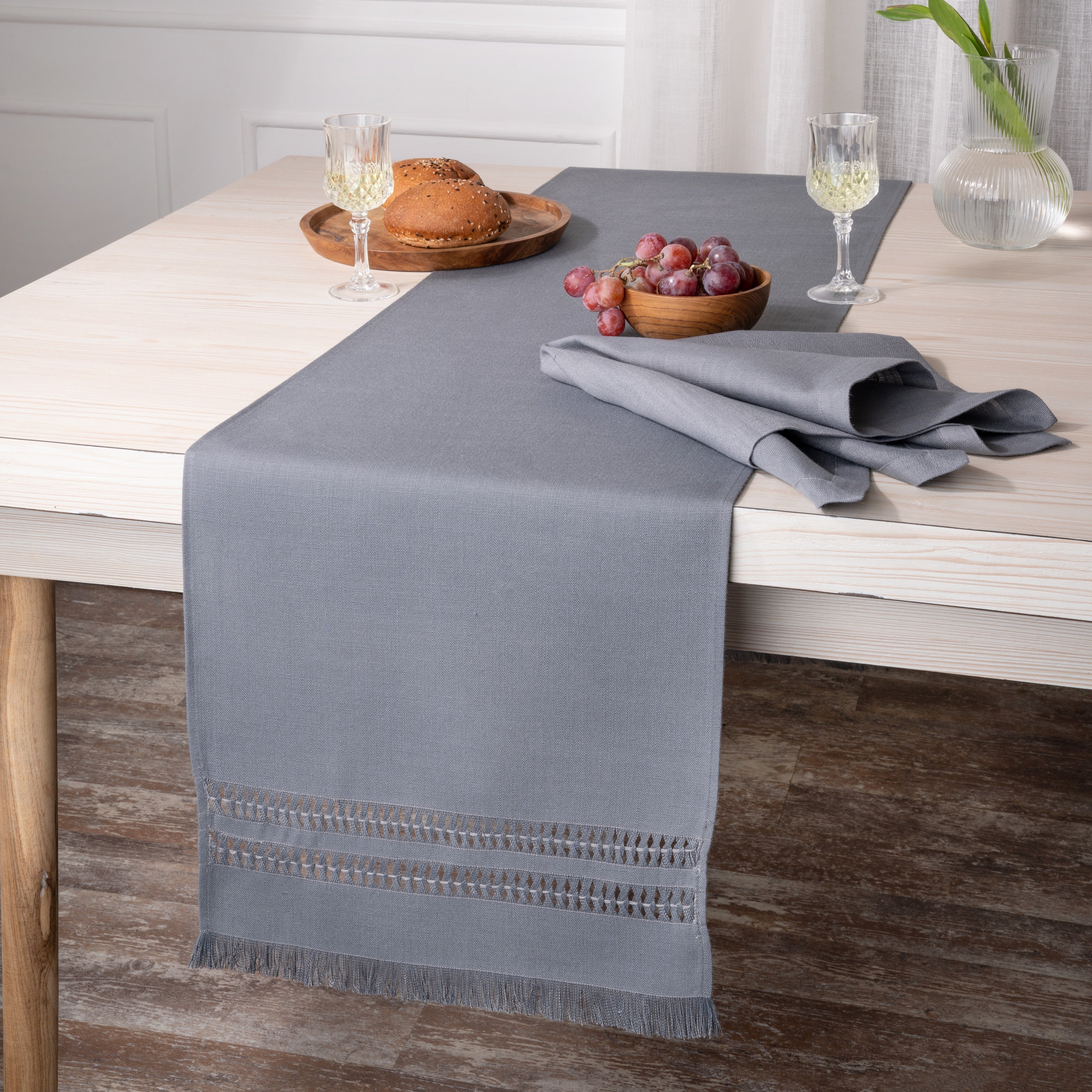 Charcoal Grey Table Runner, Faux Linen, Hand Hemstitch