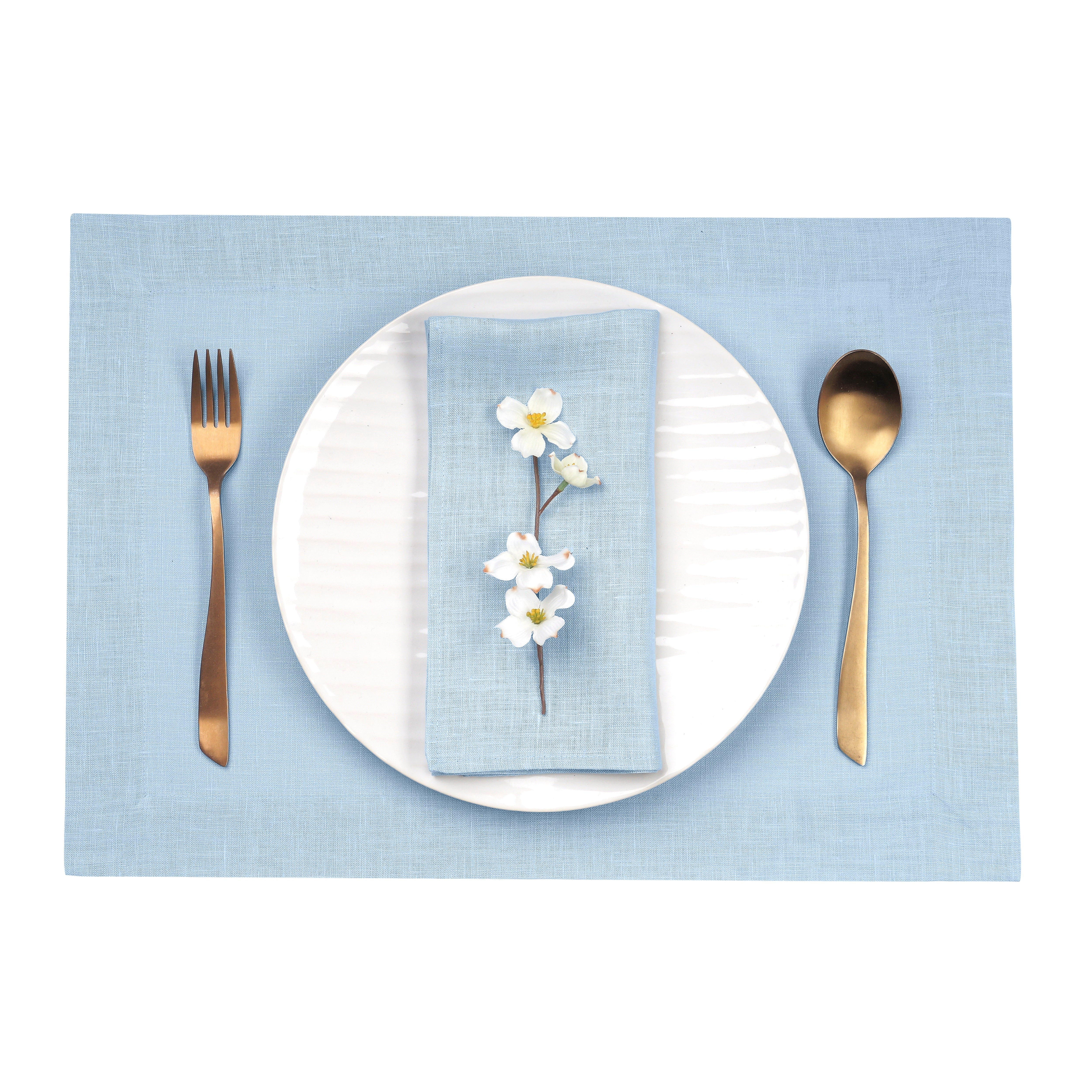 Powder Blue Linen Placemats, Hemmed, 14 x 19 inch, 4 pcs