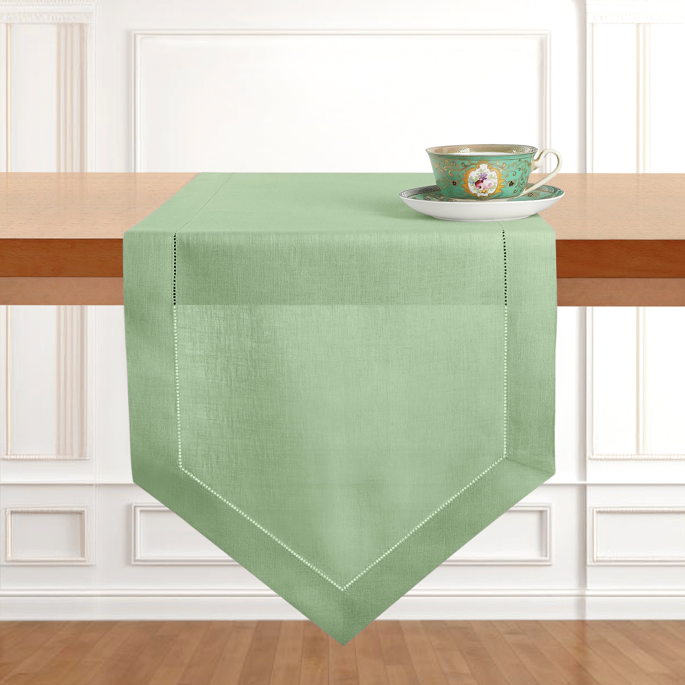 Sage Green Linen Table Runner, Diamond