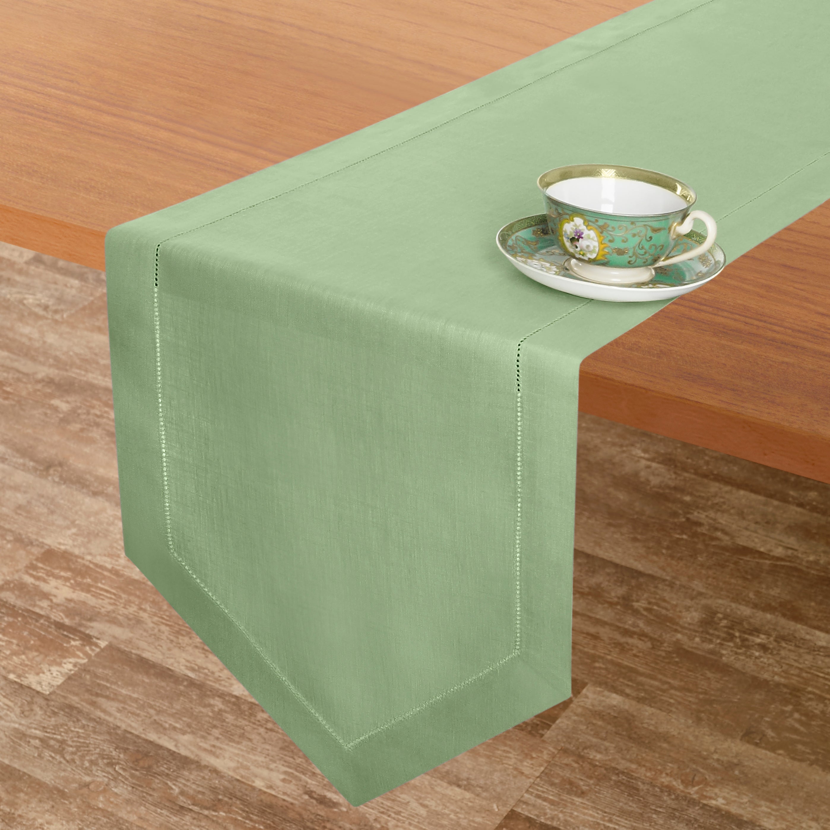 Sage Green Linen Table Runner, Diamond