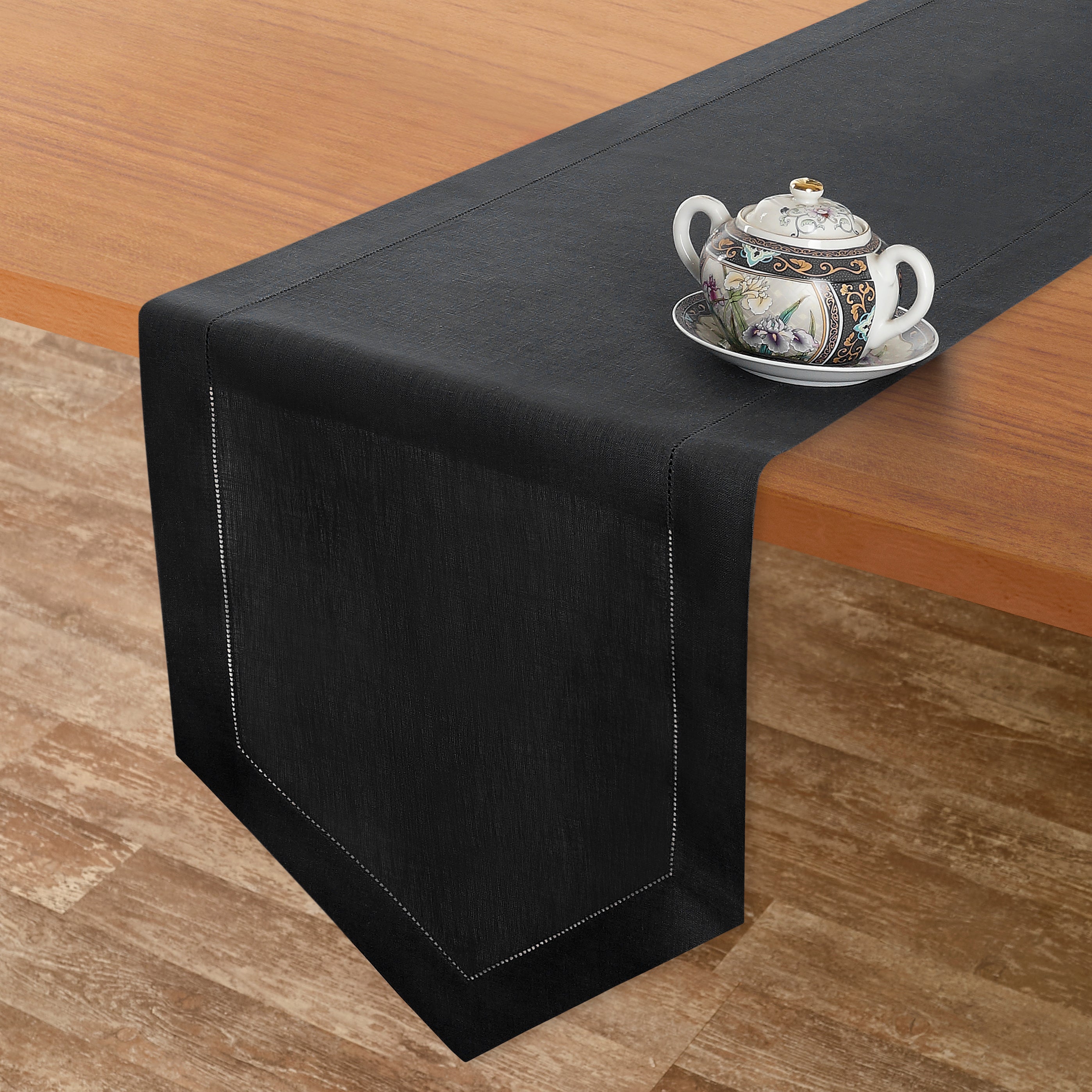 Black Linen Table Runner, Diamond