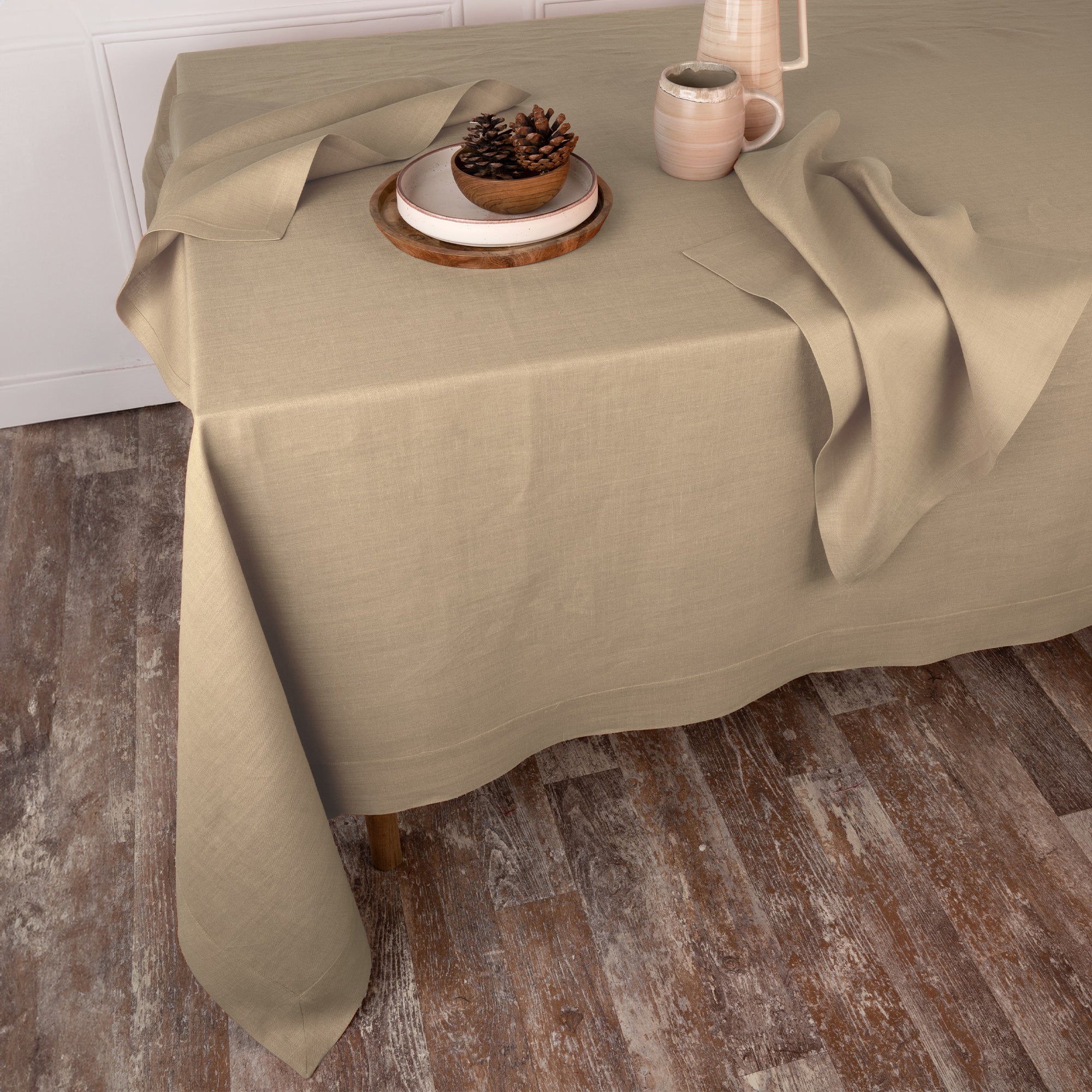 Champagne Beige Linen Tablecloth, Hemmed